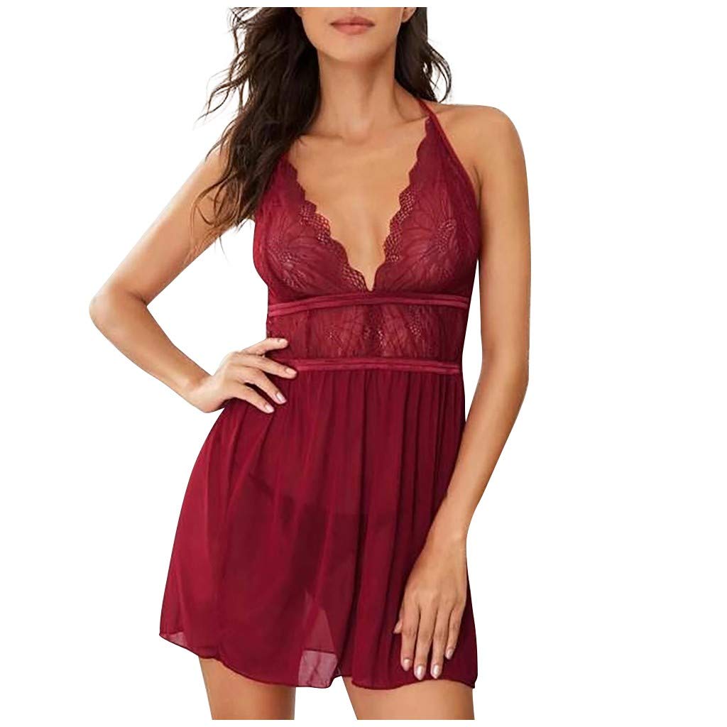 Sexy Red Lace Lingerie Set for Women - Backless V-Neck Nightdress with Thong & Stockings (Wine, Small) | Perfect for Valentine's Day, Anniversary Gifts & Romantic Nights