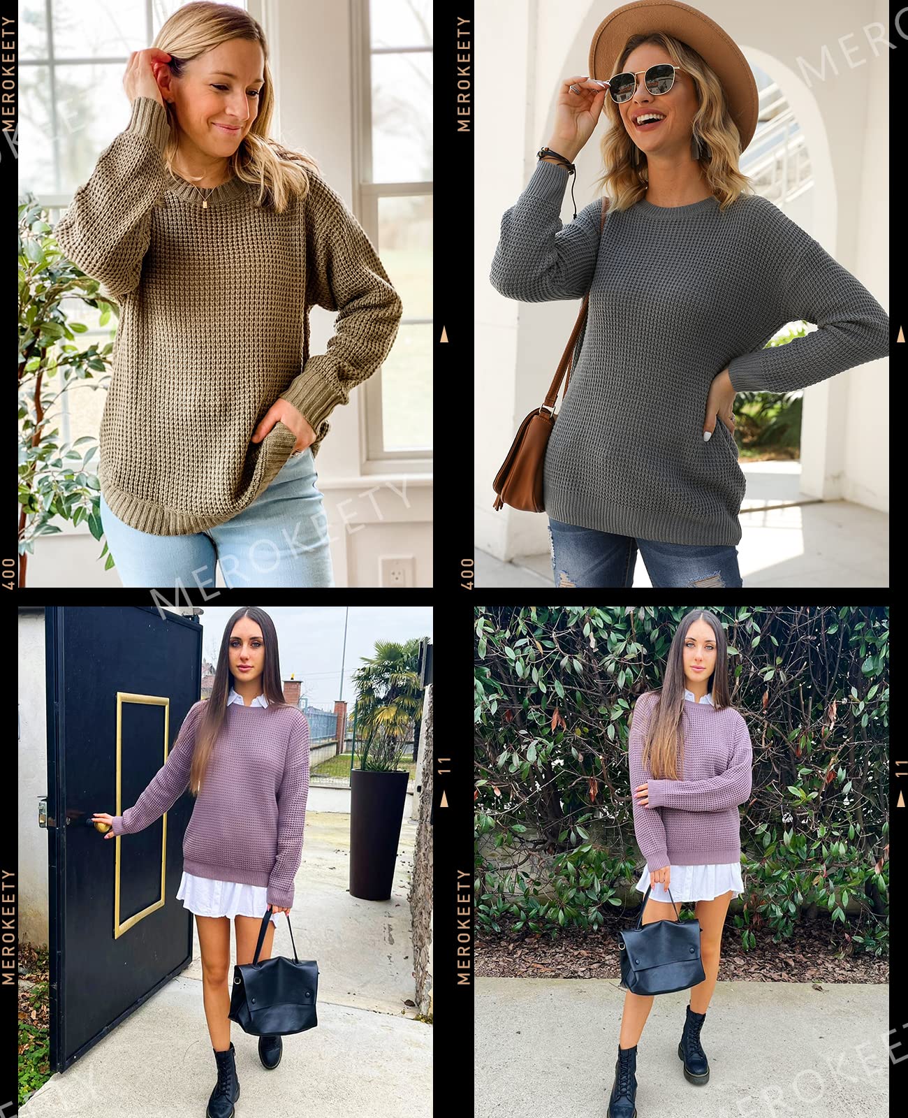 MEROKEETY Women's 2024 Long Sleeve Waffle Knit Sweater - Crew Neck Solid Color Pullover Jumper Tops for Fall & Winter | Casual Office Wear & Cozy Home Outfits