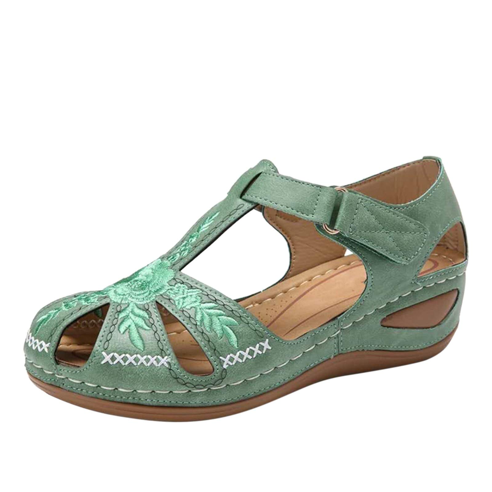 Fullwei Women's Casual Summer Boho Sandals - Embroidered Hollow-Out Fisherman Style, Breathable Walking & Beach Shoes (Green, Size 9) | Perfect for Vacation, Outdoor Activities & Daily Wear
