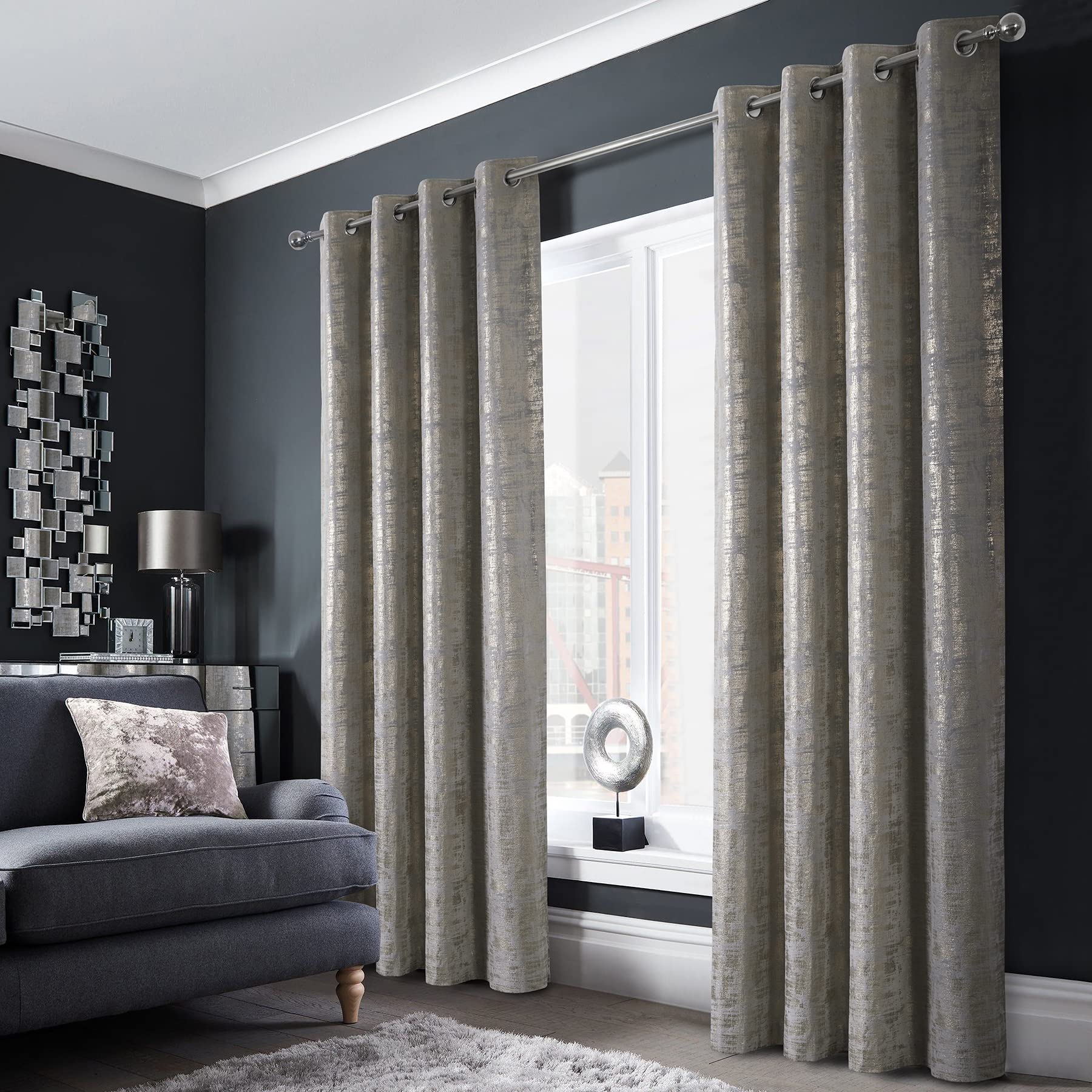 Always4U Soft Velvet Curtains 95 Inch Length - Luxury Blackout Curtains with Gold Foil Print for Bedroom & Living Room - Thermal Insulated Window Treatments (Set of 2, Silver) - Perfect for Home Decor, Light Blocking & Noise Reduction