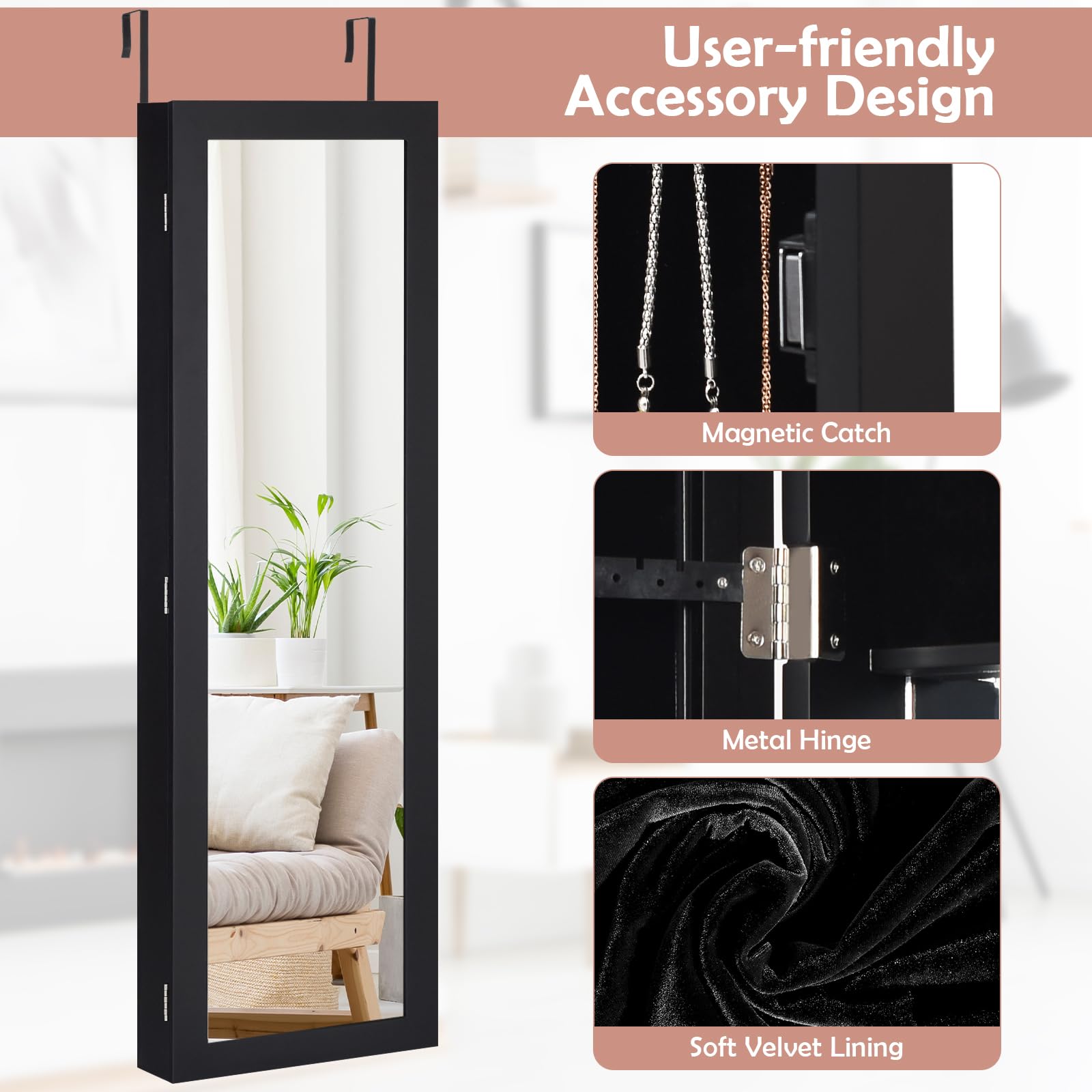 HAPPYGRILL Jewelry Armoire Organizer - Full-Length Mirror & Makeup Mirror, Earring Shelves, Ring Slots, 25 Necklace & Bracelet Hooks - Wall Mounted Jewelry Cabinet (Black) - Perfect for Bedroom, Closet & Dressing Room Organization