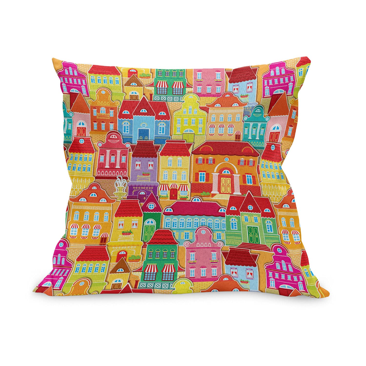 Ambesonne Cityscape Cartoons Throw Pillow Cover 26x26 Inch - European Architecture Art with Pillars & Fountains Urban View - Decorative Square Accent Cushion Case for Sofa, Bed, Living Room - Multicolor Home Decor Gift