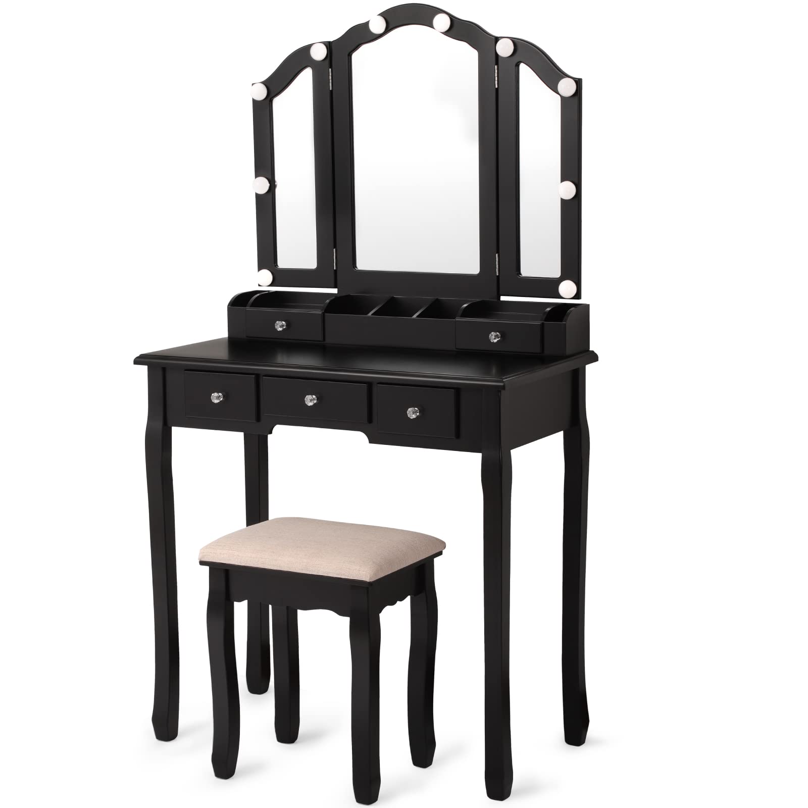 Professional Makeup Vanity Table with LED Lights & Tri-Folding Mirror - 5-Drawer Dressing Table with Lighted Mirror, Black - Perfect for Bedroom, Dressing Room & Beauty Salon Makeup Station