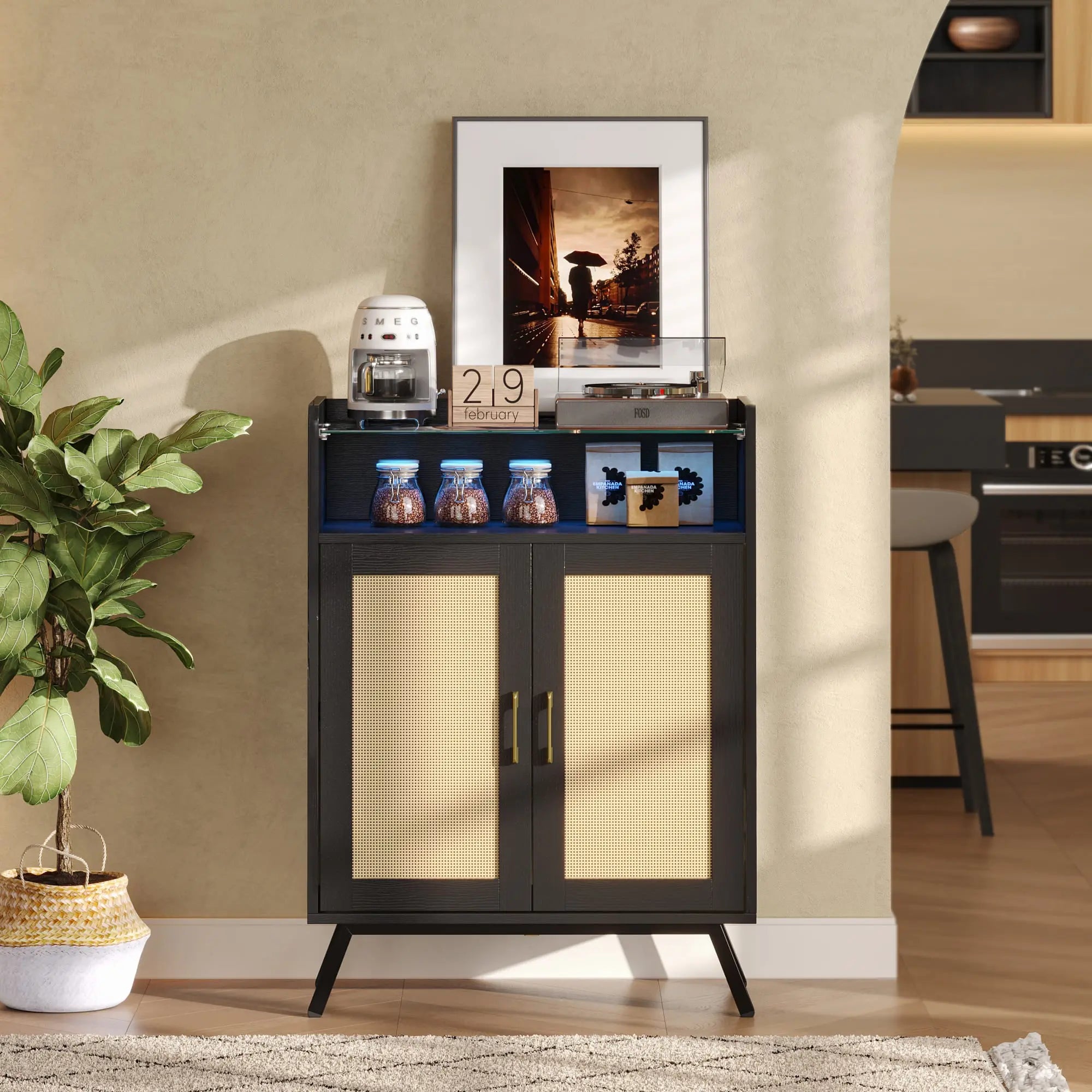 Bestier Black Rattan Storage Cabinet with Top Shelves and LED Accent Chest - Stylish Home Organization for Bedroom, Living Room & Office Decor