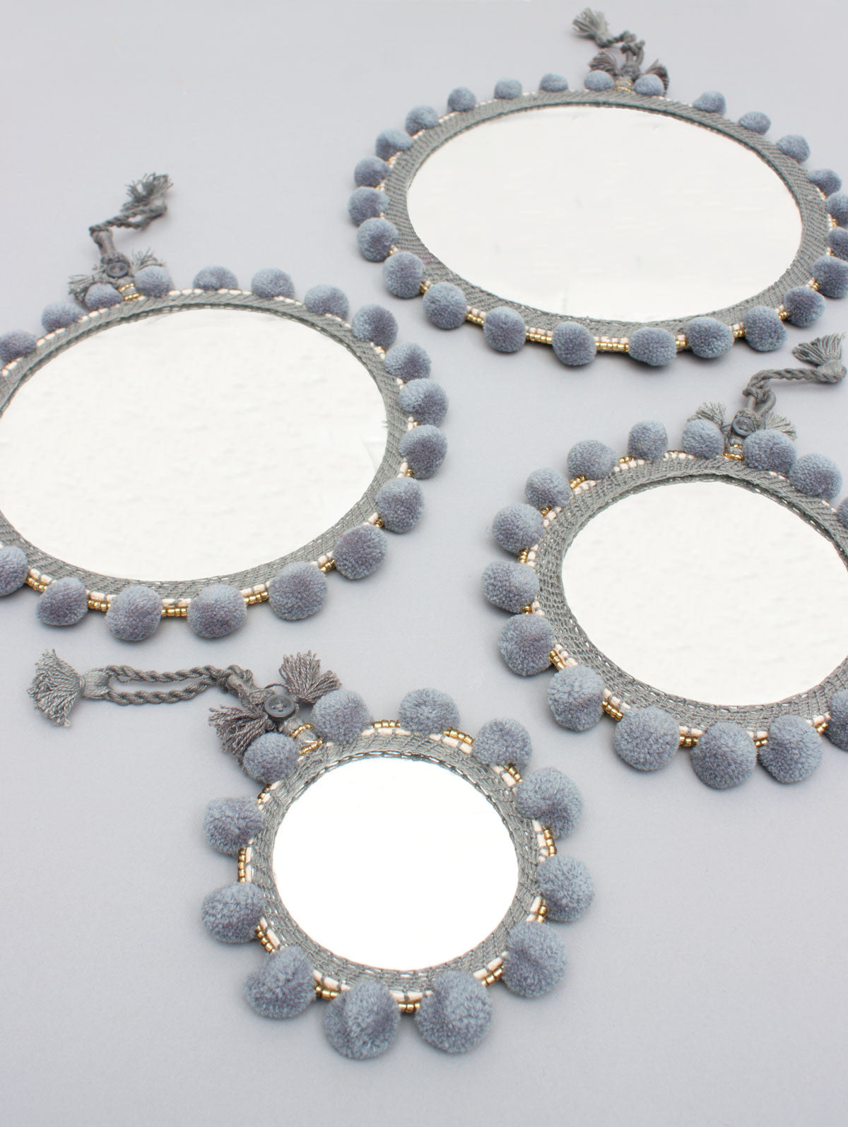 Grey Pom Pom Wall Mirror - Boho Decor for Bedroom, Living Room & Bathroom | Handmade Decorative Mirror with Tassels for Home Decor