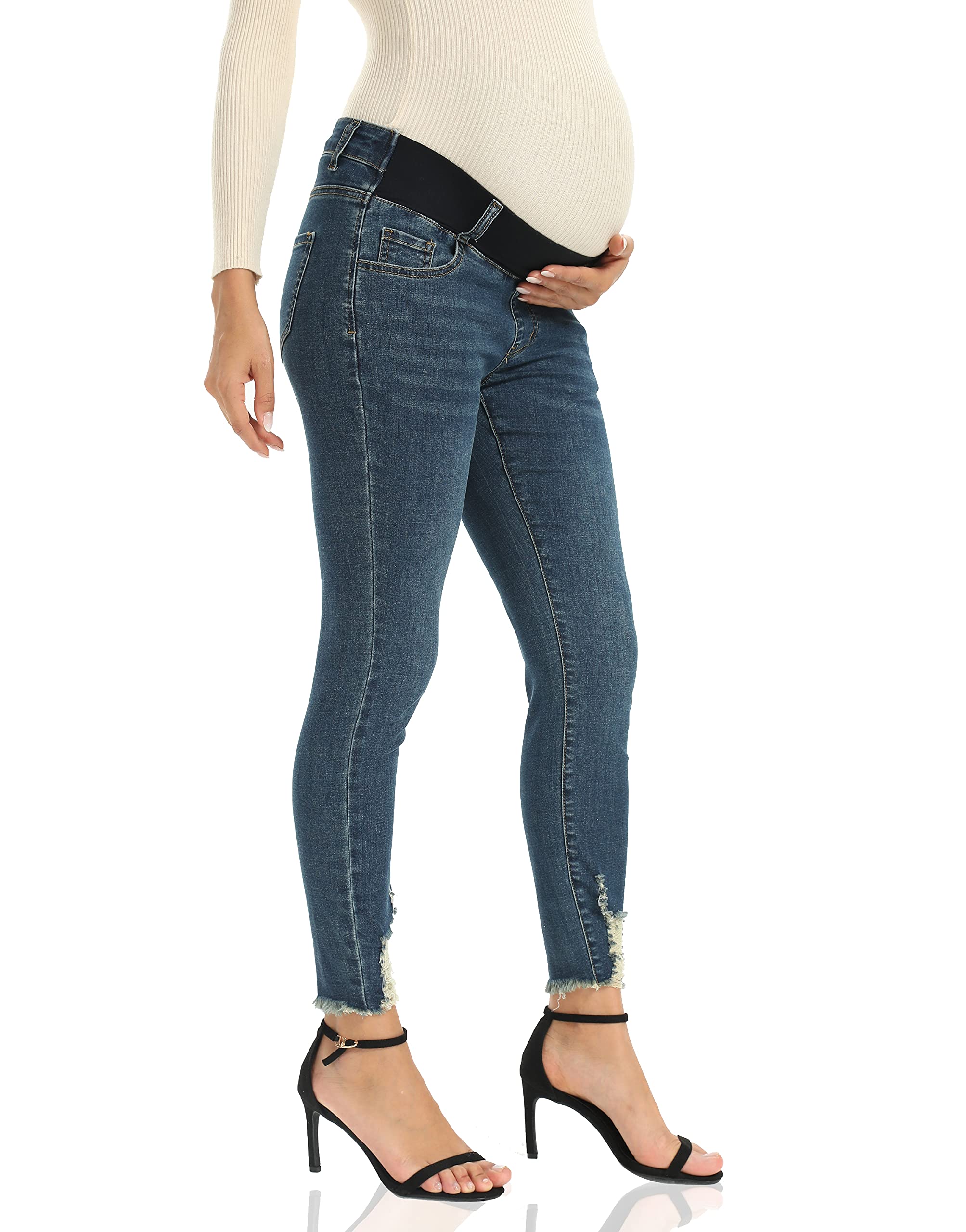 Foucome Women's Maternity Jeans - Under Belly Skinny Jeggings with Stretch, Comfortable Distressed Denim Pants for Pregnancy | Perfect for Casual Wear, Work & Everyday Outfits