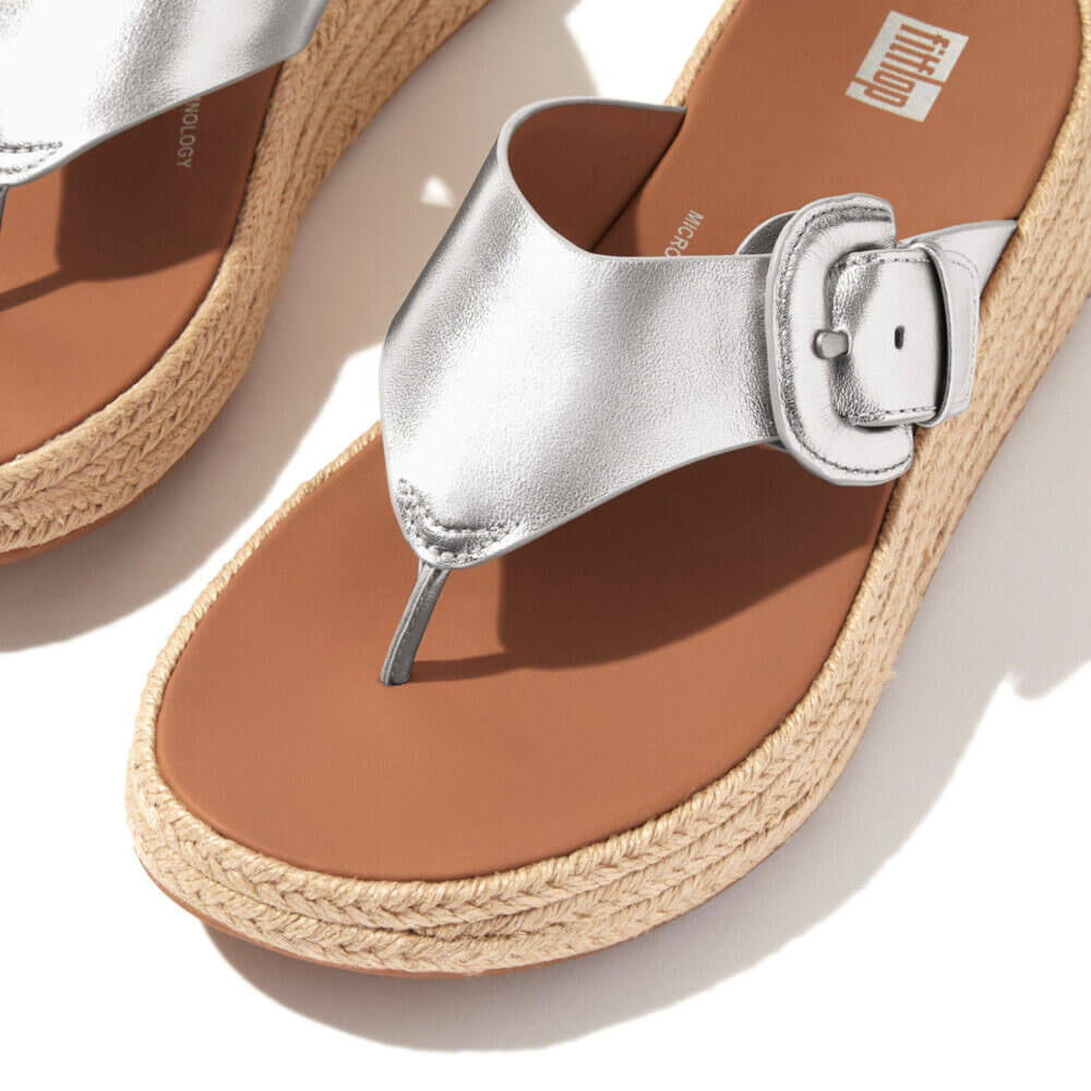 FitFlop F Mode Espadrille Adjustable Leather Flatform Toe Thong Sandals for Women - Silver | Comfortable Summer Beach & Casual Walking Shoes