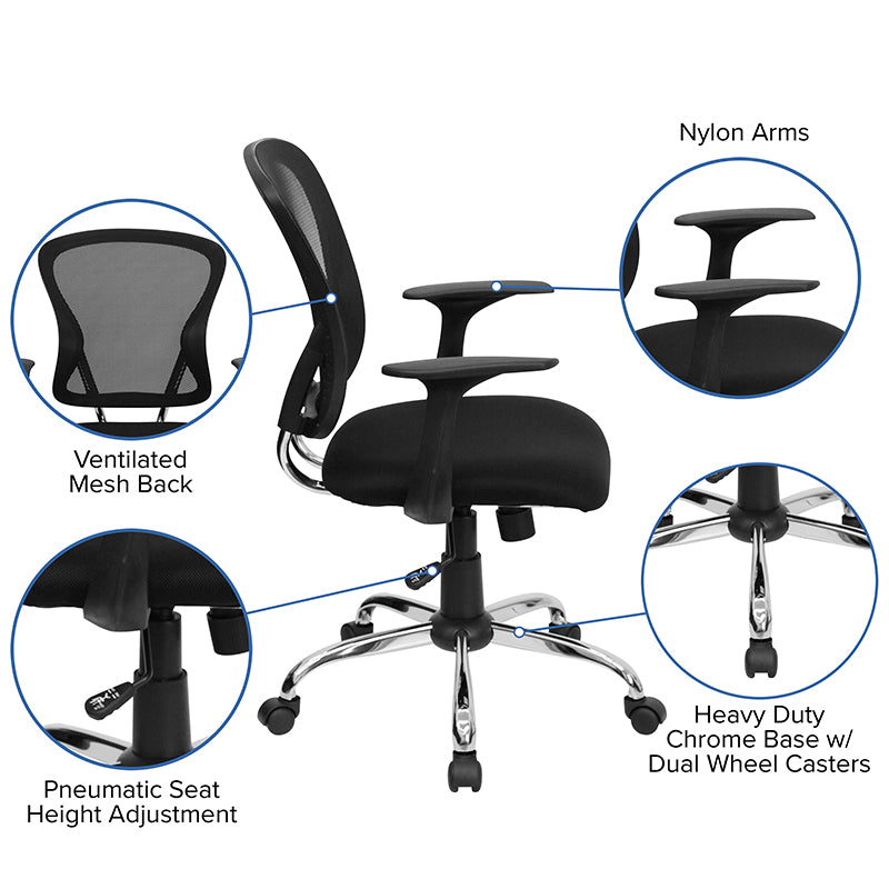 FLASH Alfred Mid Back Black Mesh Swivel Task Office Chair with Chrome Base and Arms - Ergonomic Desk Chair for Home Office, Computer Work & Gaming