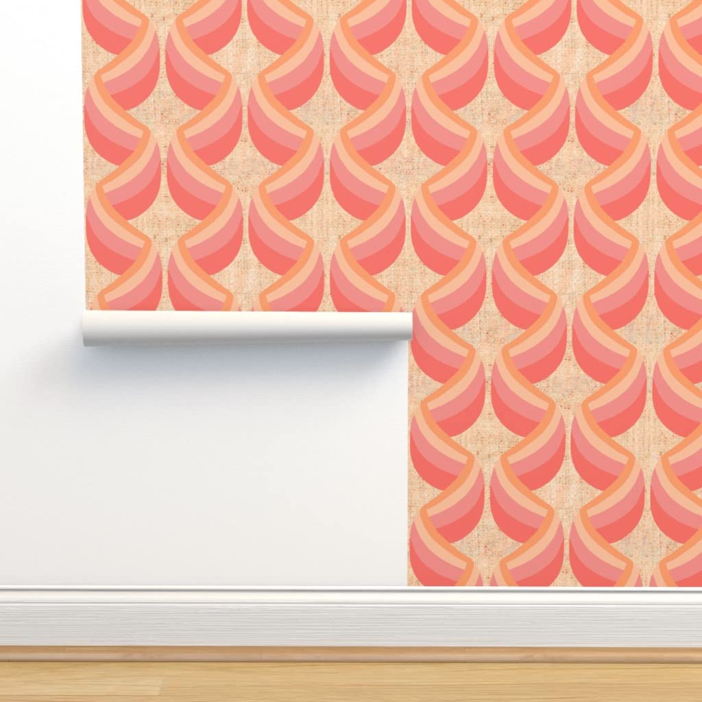 Premium Commercial Grade Wallpaper - 27ft x 2ft Coral Art Deco Pink & Gold Feminine Stripe Pattern | Traditional Peel & Stick Wallpaper for Living Room, Bedroom, Office Decor by Spoonflower