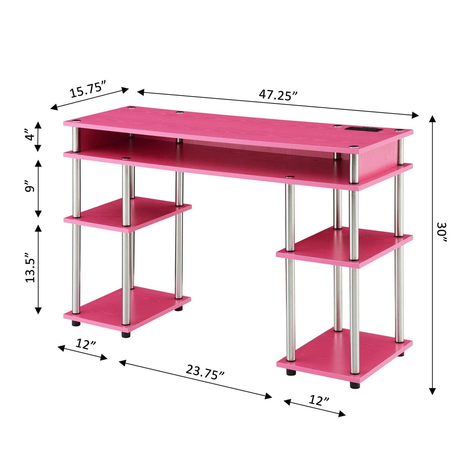 Convenience Concepts Designs2Go No Tools Student Desk with Charging Station & Shelves - Pink Study Desk for Kids, Teens & Dorm Rooms | Perfect for Homework, Online Classes & Small Spaces