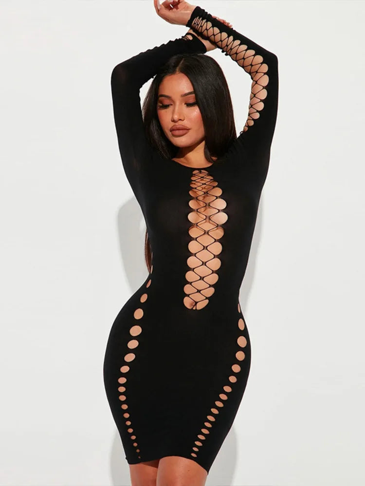 Black Hollow Out Sexy Mini Dress for Women - 2023 Spring New O-Neck Long Sleeve Bodycon Club Party Short Dress | Perfect for Night Out, Date Night, and Special Occasions