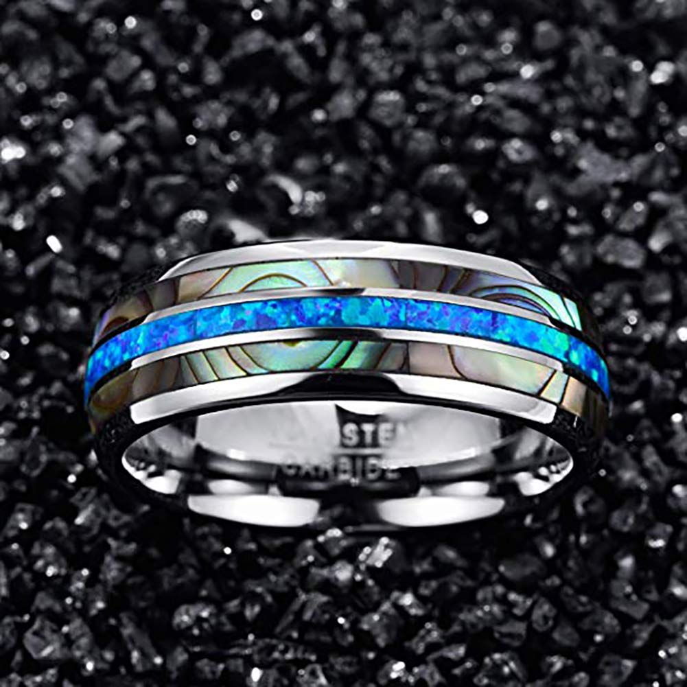 Men's Tungsten Wedding Band - 8mm Comfort Fit Ring with Genuine Blue/Green Opal & Abalone Shell Inlay - Size 7-12 - Perfect for Engagement, Anniversary & Everyday Wear