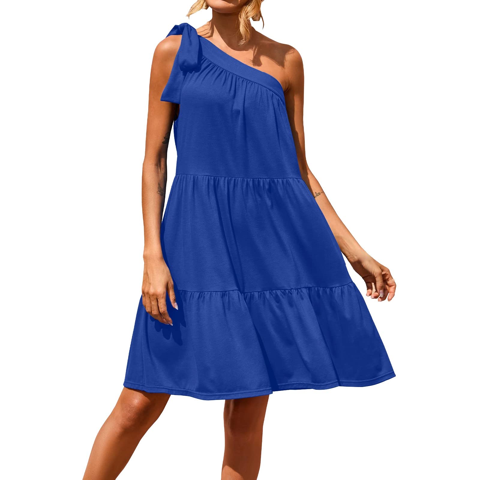 Women's Summer Casual One Shoulder Mini Dress - Solid Color Tie Bow Knot Sleeveless Ruffle A-Line Dress for Beach, Party & Date Night