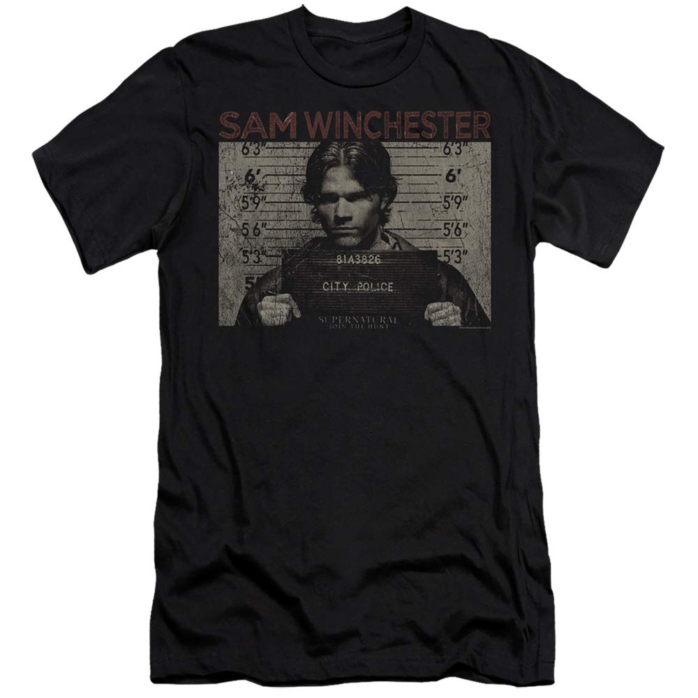 Supernatural Slim Fit T-Shirt - Sam Winchester Mug Shot Black Tee | TV Show Merchandise for Fans, Cosplay & Casual Wear