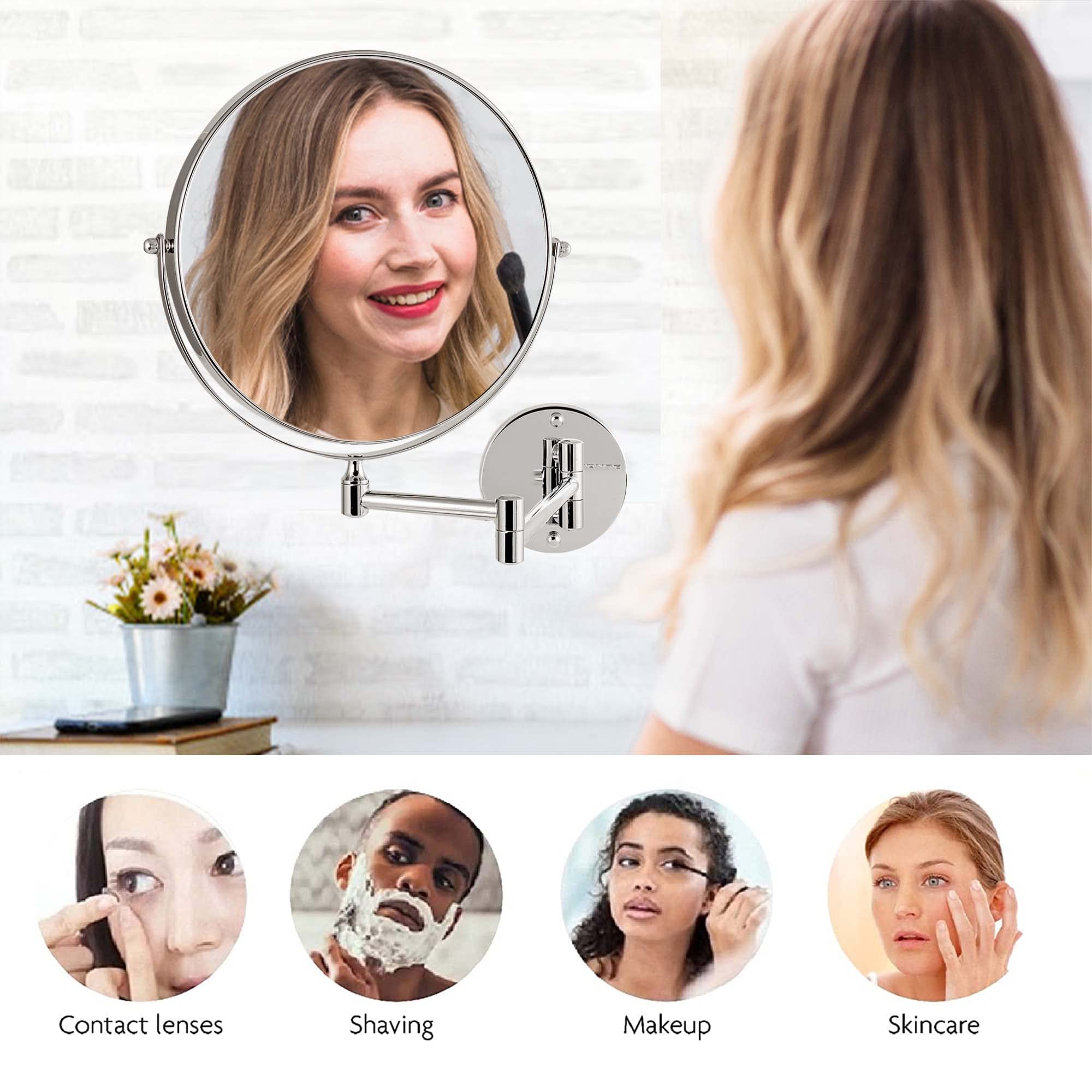 OVENTE 9 Inch Wall Mounted Makeup Mirror with 1X/10X Magnification - Double Sided Round Bathroom Vanity Mirror - 360° Swivel & Extendable Folding Arm - Polished Chrome (MNLFW90CH1X10X) - Perfect for Makeup Application, Shaving & Skincare Routines