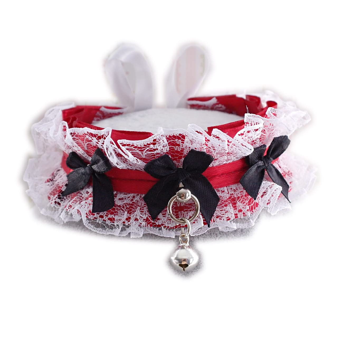 Burgundy Red Choker Necklace - Gothic Vampire Style Play Collar with White Lace Ruffles & Black Bows | Princess Accessory for Cosplay, Halloween & Gothic Fashion (12 Inch, Red)