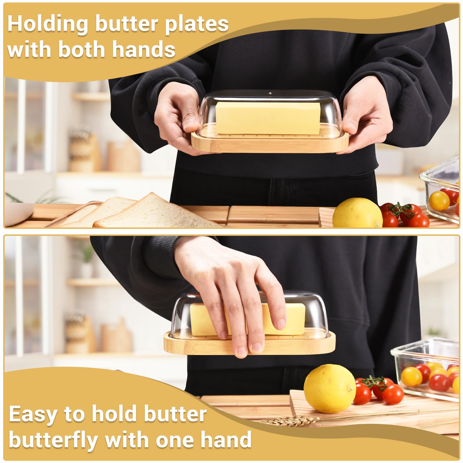 Bamboo Butter Dish with Lid - Eco-Friendly Butter Holder & Container for East & West Coast Butter - Dishwasher Safe - Perfect for Kitchen, Dining Table & Breakfast Spreads