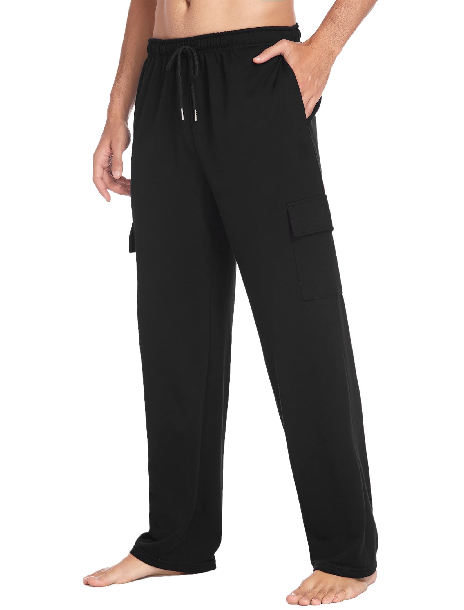 Men's Lightweight Cargo Sweatpants with Pockets - Straight Leg Open Bottom Casual Joggers for Running, Gym, Travel & Lounge Wear