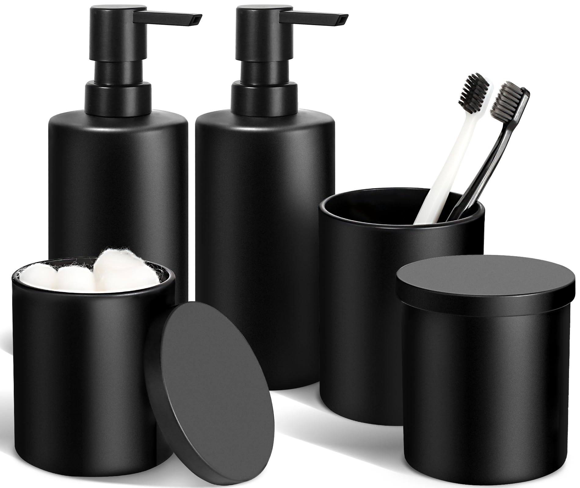 Matte Black Bathroom Accessories Set - 5 Piece Modern Bathroom Decor with Glass Soap Dispenser, Toothbrush Holder, Q-Tip & Cotton Ball Containers | Stylish & Functional for Home, Hotel, or Spa Decor