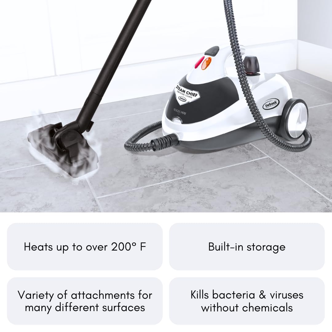 Ewbank 1800W Powerful Steam Cleaner with Attachments - Multi-Surface Cleaning for Carpets, Tiles, Floors, Cars, Upholstery, Bathroom, Kitchen, Windows & Grout | Perfect for Deep Cleaning, Sanitizing and Removing Tough Stains at Home or Office