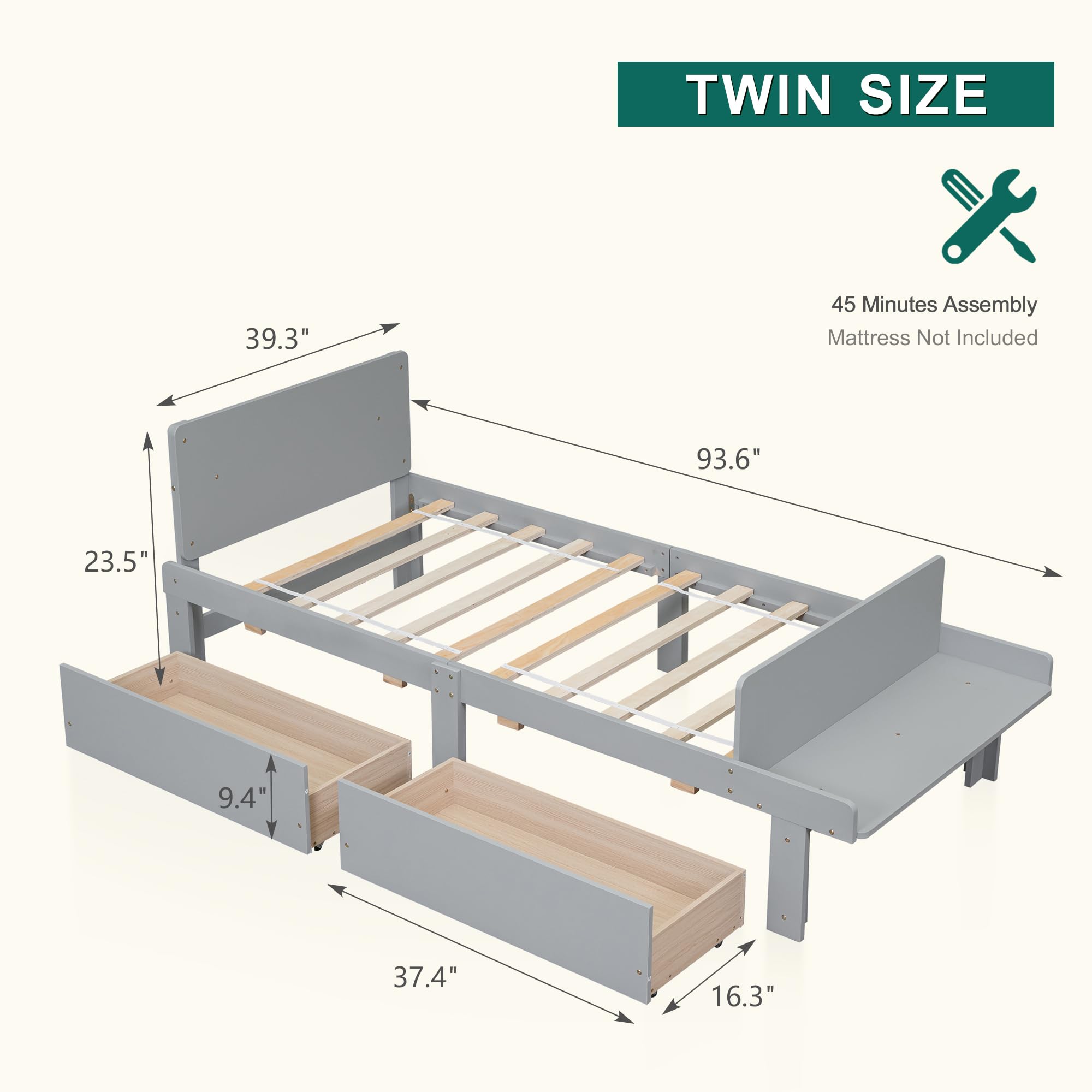 Dolonm Twin Bed Frame for Kids with 2 Storage Drawers & Footboard Bench - Sturdy Pine Wood Platform Bed with Headboard, No Box Spring Needed, Grey - Perfect for Kids' Bedroom, Guest Room or Small Space Organization