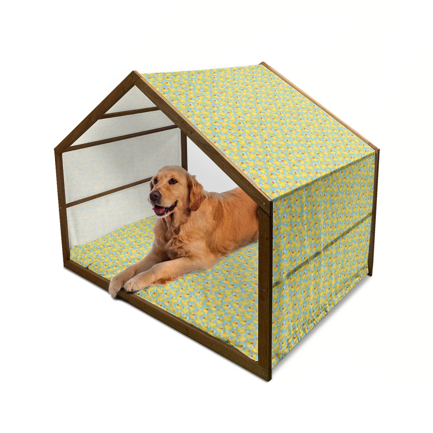 Lunarable Wooden Pet House for Dogs - Sketch Style Rubber Duck Pattern with Bath Bubbles Background, Indoor & Outdoor Portable Dog Kennel with Removable Pillow & Cover, 2X-Large Size in Seafoam Orange & Yellow - Perfect for Home, Yard, and Travel Use