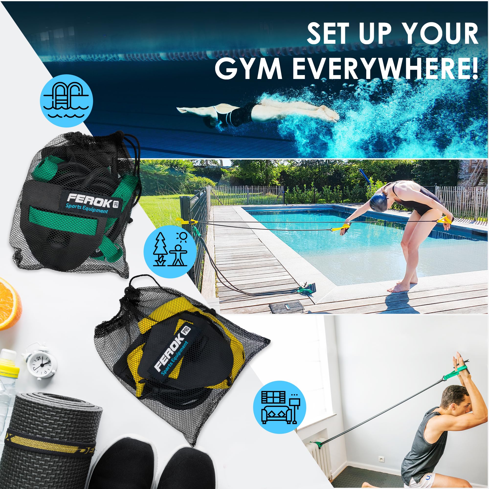 Premium Swimming Resistance Band Set with Hand Paddles - Professional Dryland Swim Training Equipment for Strength & Endurance - Waterproof Swim Exercise Bands & Cords - Ideal for Home Workouts, Poolside Training & Competitive Swimmers (Light Yellow)