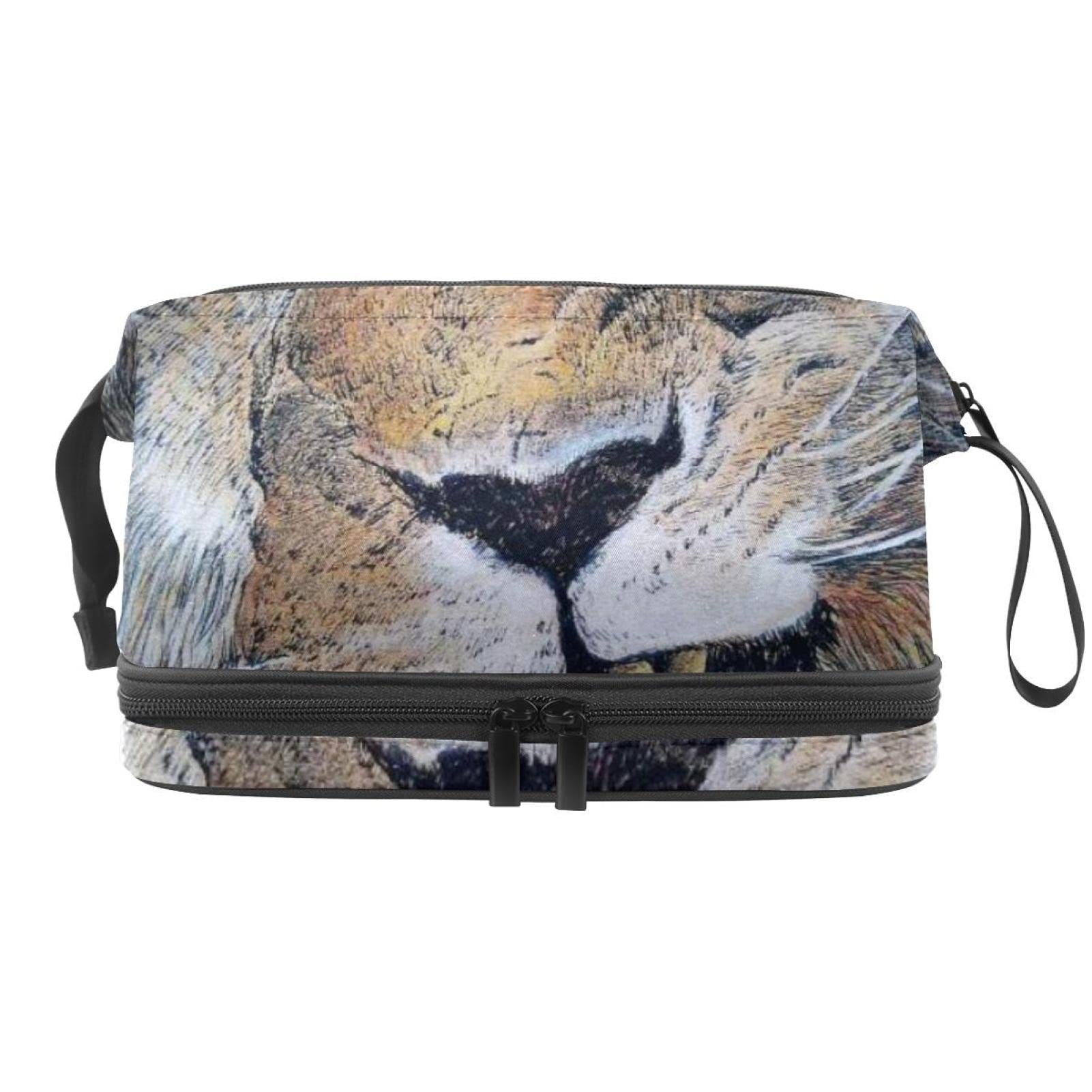 Double Layer Travel Makeup Bag with Brush Compartment - Waterproof Cosmetic Organizer & Roomy Toiletry Pouch for Women | Perfect for Vacation, Gym, and Daily Essentials Storage - Hipster Lion Design