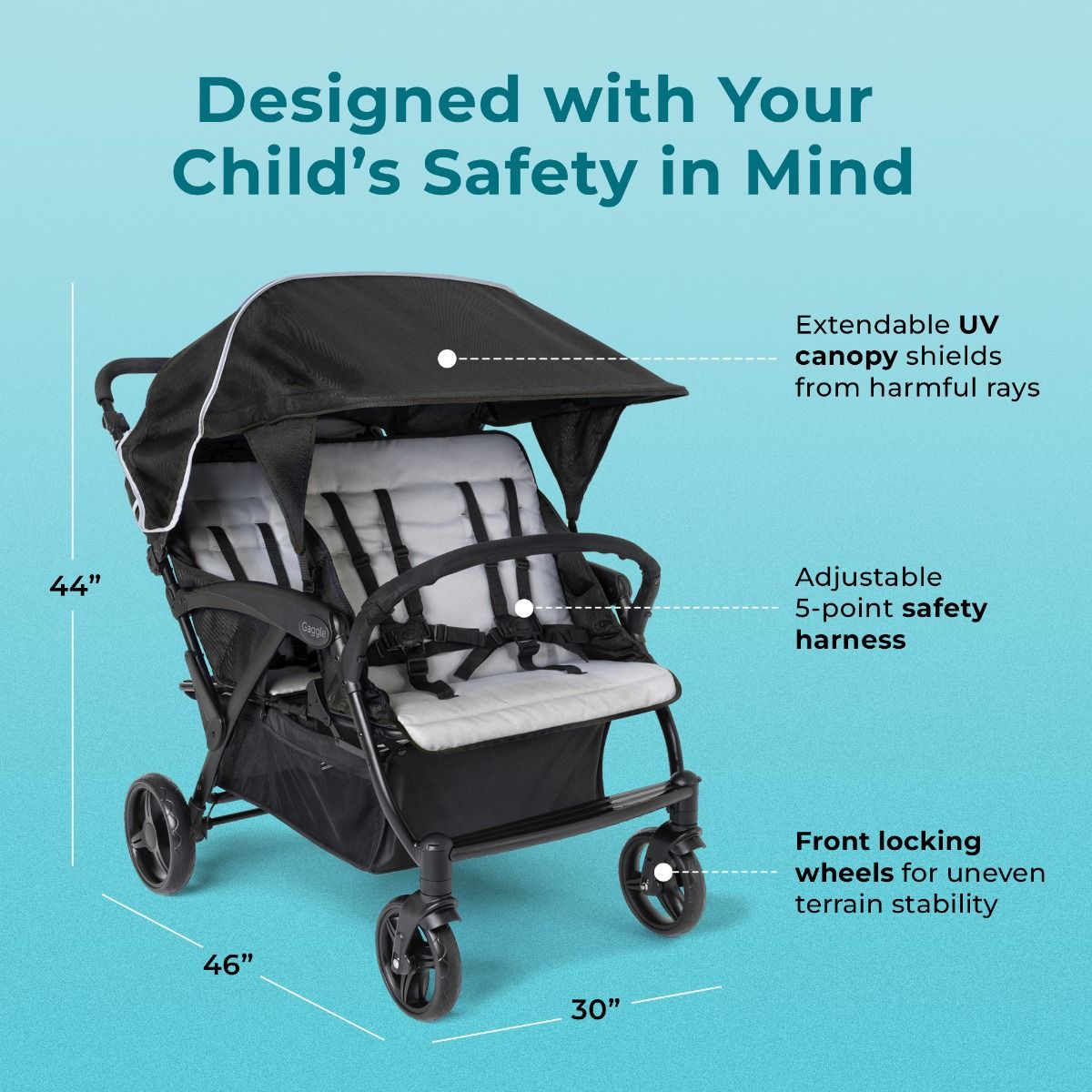 Gaggle Odyssey 4-Seat Quad Stroller - Lightweight & Durable Multi-Kids Stroller for Twins, Triplets or Siblings - Perfect for Shopping, Travel, Theme Parks & Outdoor Adventures