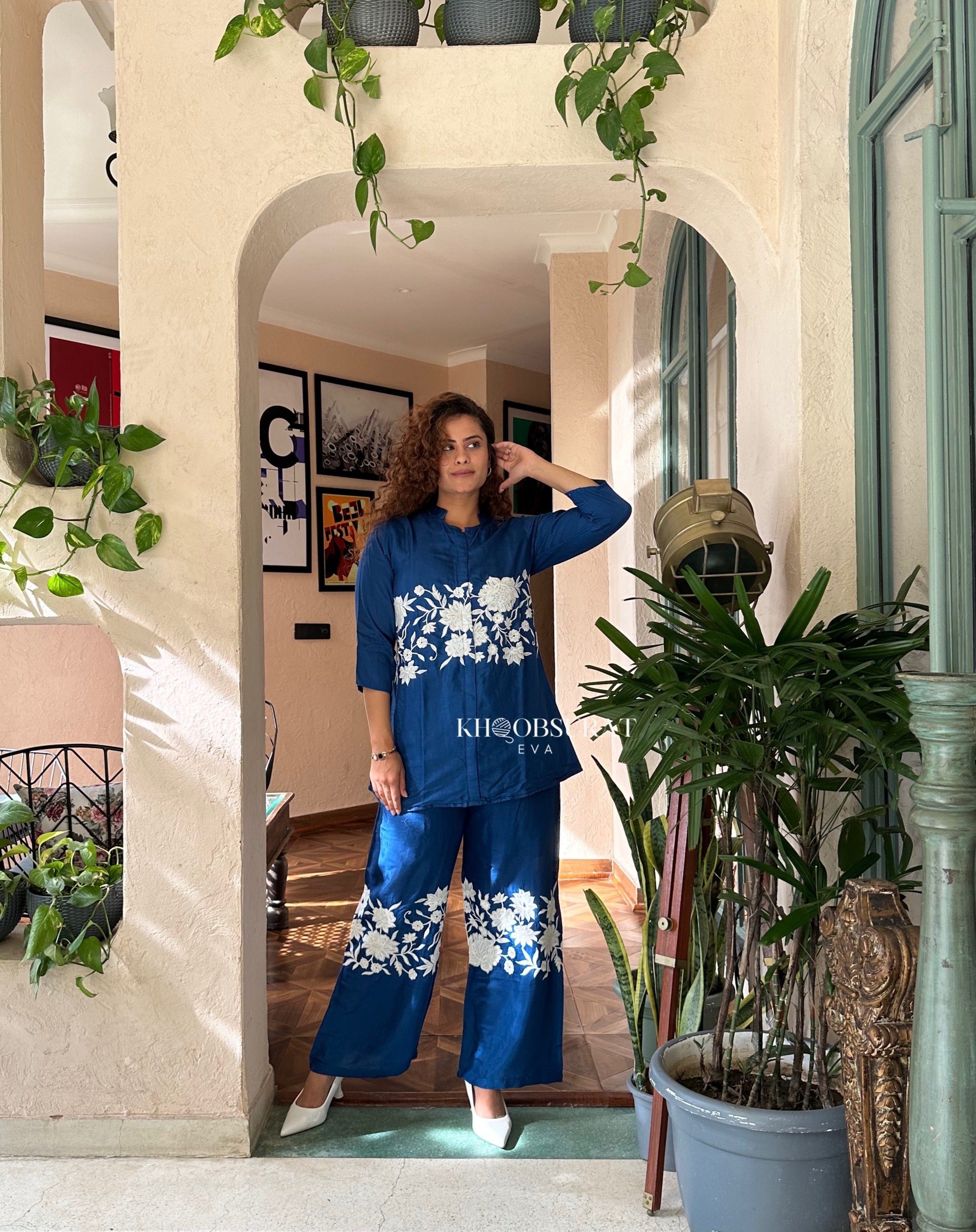 Doris Blue Festive Matching Outfit Set for Women | Stylish Party Wear & Holiday Outfit | Perfect for Christmas, New Year & Special Occasions