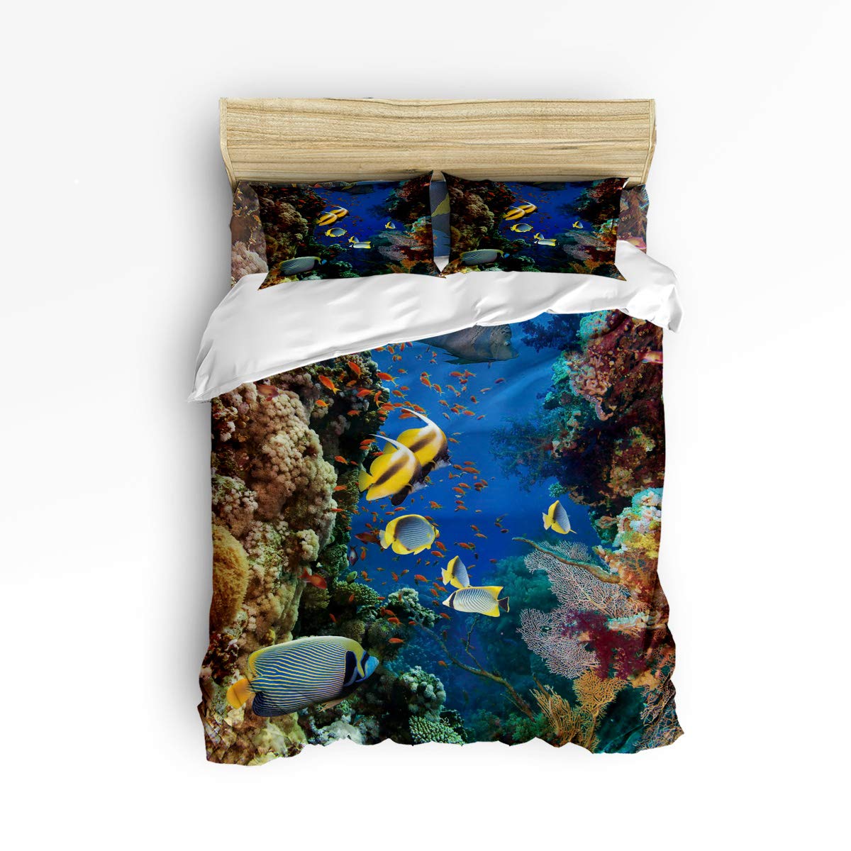 Clouday King Size Soft 4-Piece Duvet Cover Set - Cartoon Seaworld Fish Pattern Bedding with 1 Flat Sheet, 1 Duvet Cover & 2 Pillowcases | Christmas Themed Bedroom Decor for Cozy Holiday Nights