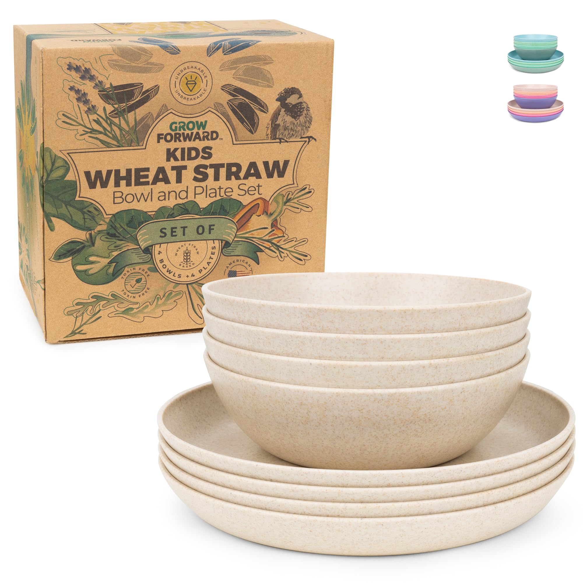 Grow Forward 8-Piece Wheat Straw Kids Plates and Bowls Set | Unbreakable, BPA-Free, Dishwasher & Microwave Safe Plastic Dinnerware for Toddlers & Children | Perfect for Home, School Lunches, Picnics & Travel