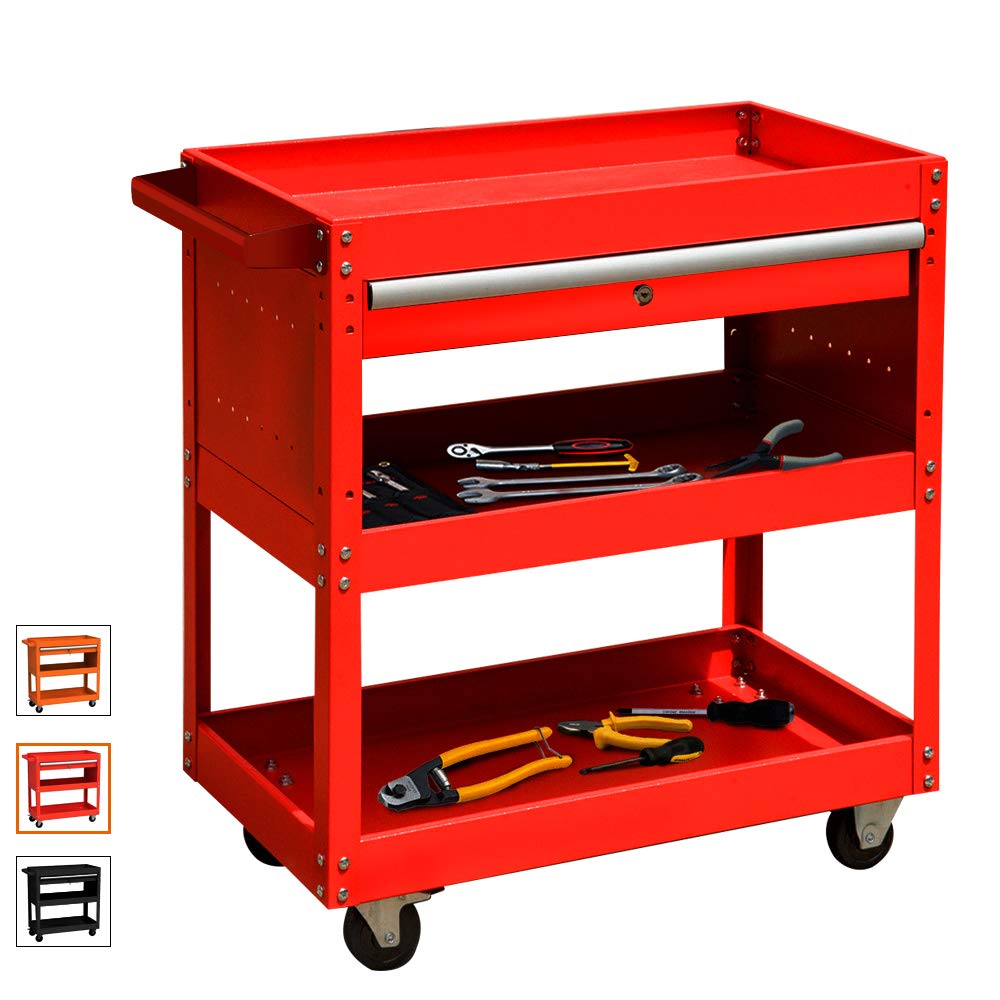 Large Capacity 3-Tier Rolling Tool Cart with Sliding Drawer & Keyed Lock System - Heavy Duty Utility Organizer for Garage, Workshop & Auto Repair (Red)