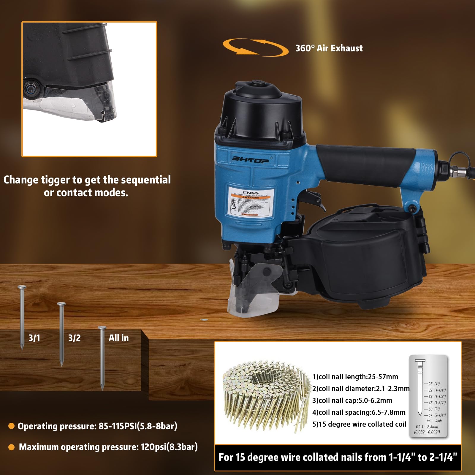 BHTOP CN55N 15 Degree Pneumatic Coil Nail Gun - Professional 1-1/4