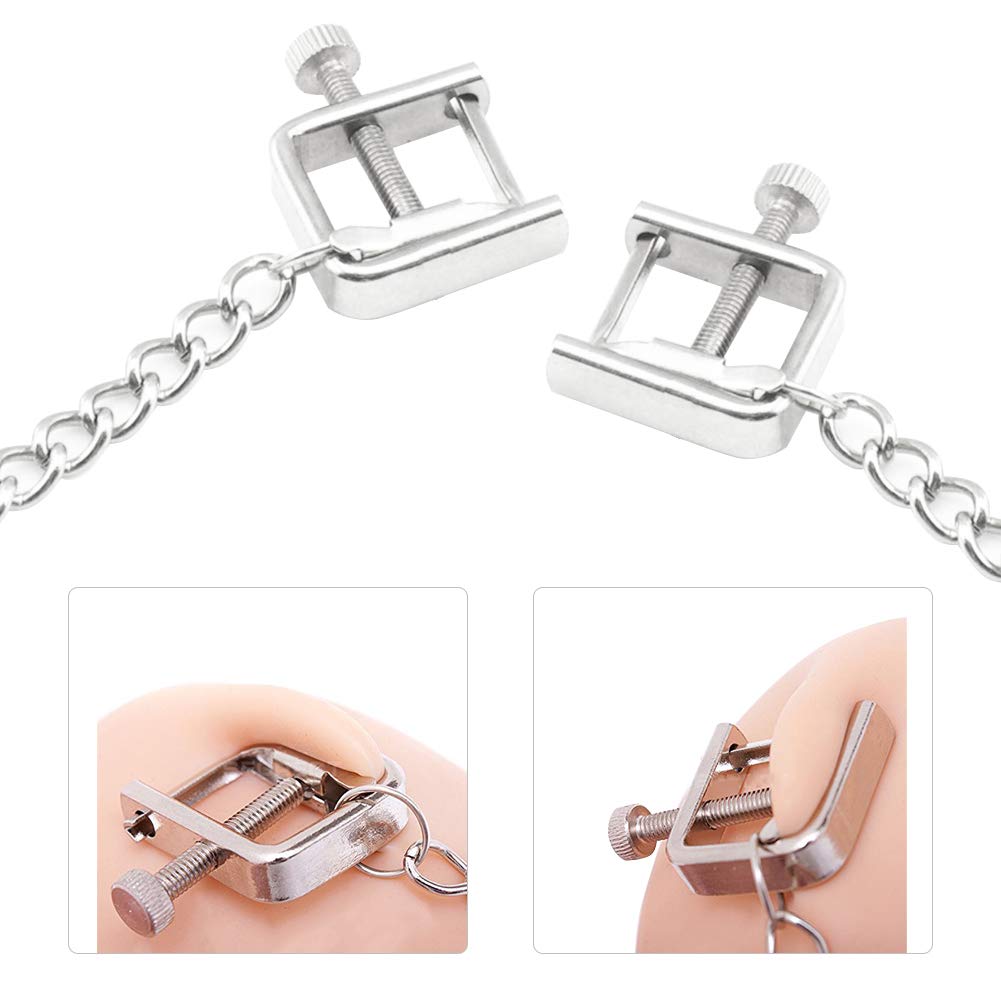 Adjustable Metal Nipple Clamps with Chain - Flat Clip Head Bondage Restraints for Women, BDSM & Fantasy SM Sex Toys - Perfect for Couples Play & Sensual Exploration