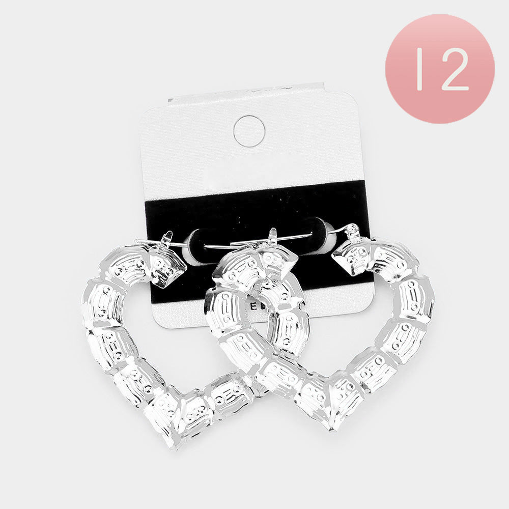 12 Pairs Medium Metal Bamboo Heart Pin Catch Earrings for Women - Fashion Boho Dangle Drop Earrings for Daily Wear, Parties & Gifts