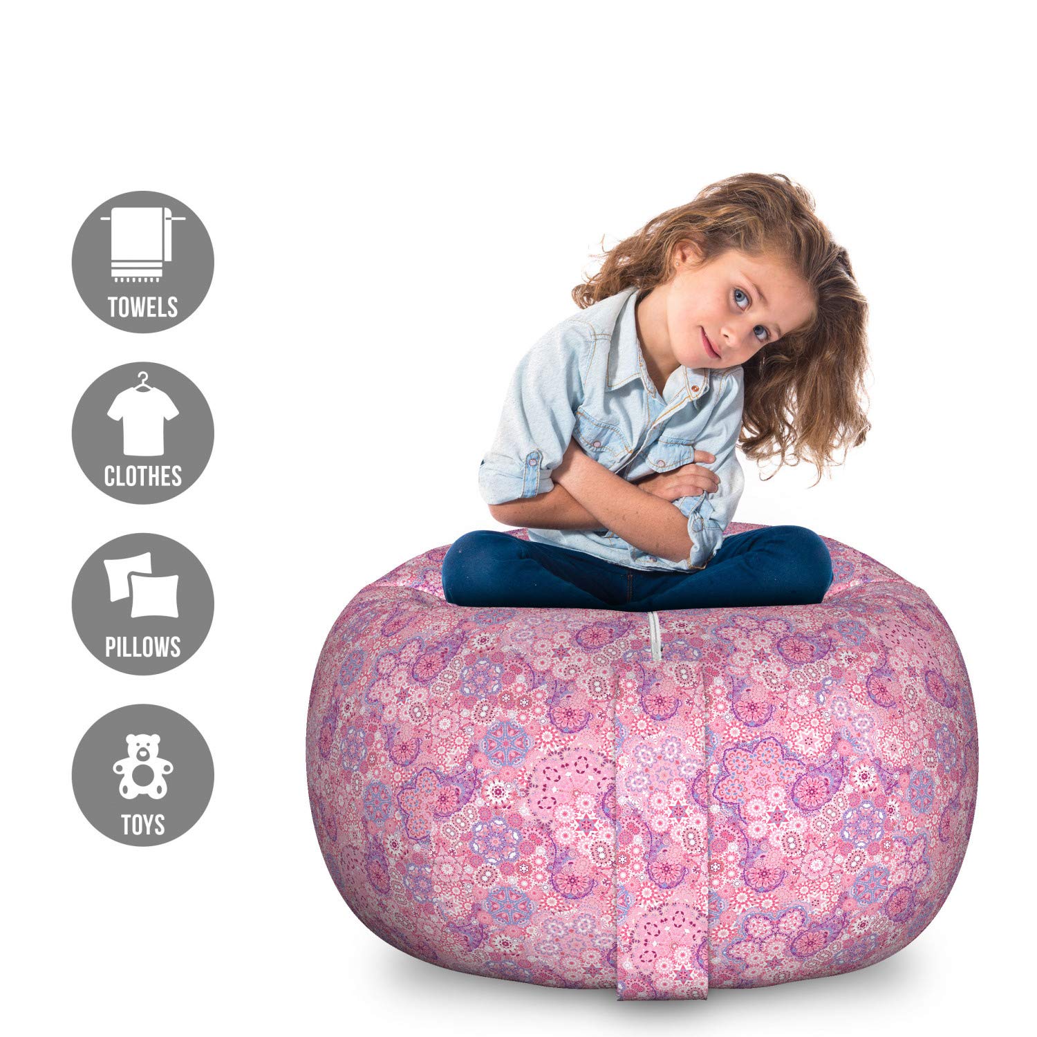 Ambesonne Large Washable Toy Storage Bag Chair - Bohemian Paisley Floral Design in Mauve & Rose Pink | Stuffed Animal Organizer for Kids' Room, Playroom & Nursery Decor