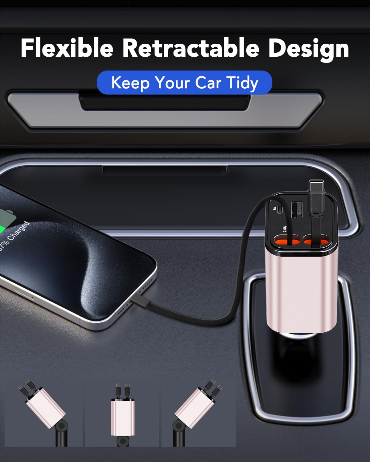 69W 4-in-1 Retractable Car Charger with 2 USB Ports & 2 Retractable Cables - Fast Charging for iPhone 16/15/14/13/12/11, Samsung Galaxy & Google Pixel - Perfect for Road Trips, Commuting & Emergency Charging