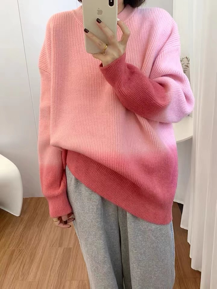 Trendy Loose Round Neck Gradient Knitted Sweater - Casual Oversized Pullover for Women | Perfect for Fall Layering, Coffee Dates & Cozy Weekends