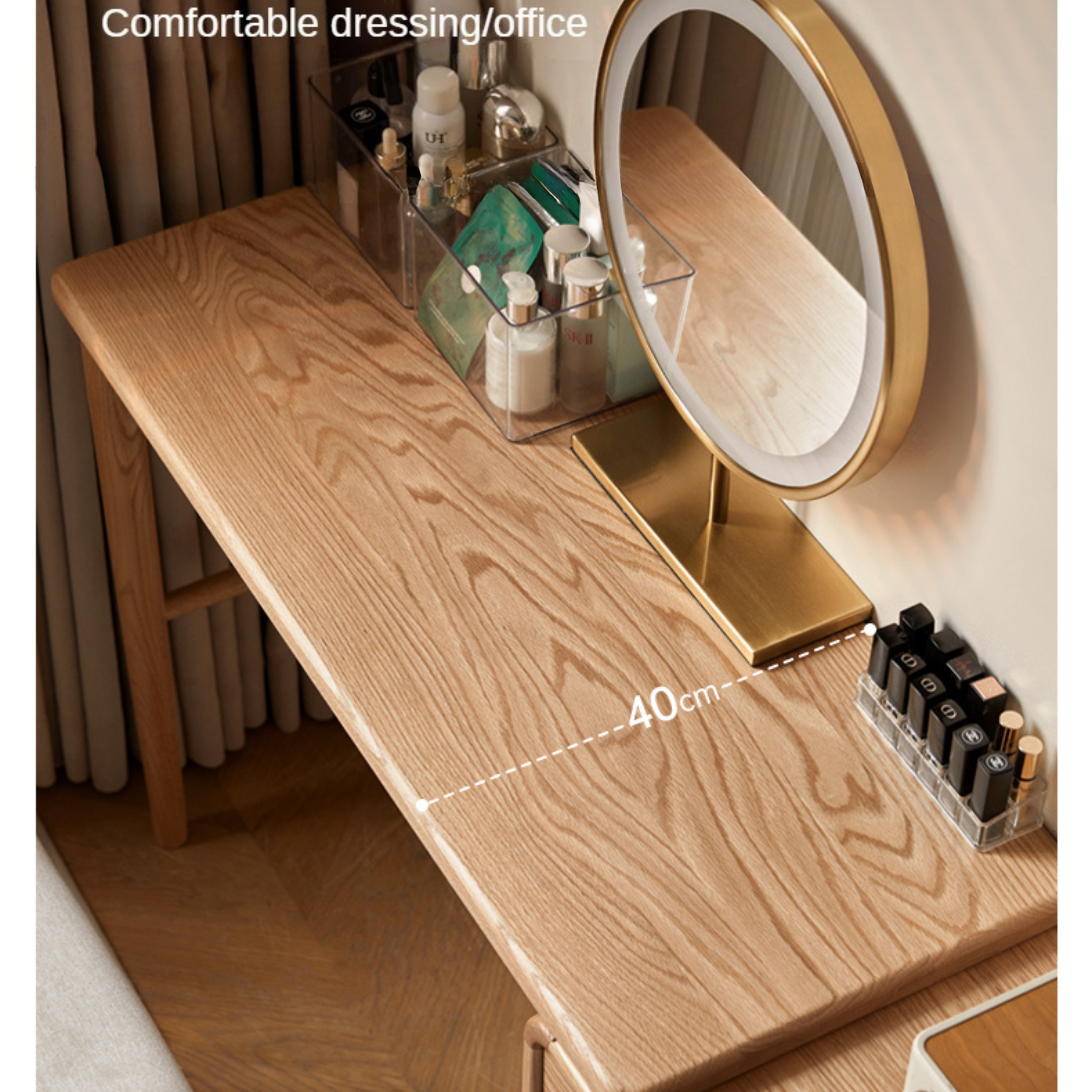 Solid Oak Retractable Vanity Dressing Table with Mirror - Perfect for Bedroom, Bathroom & Small Space Makeup Organization