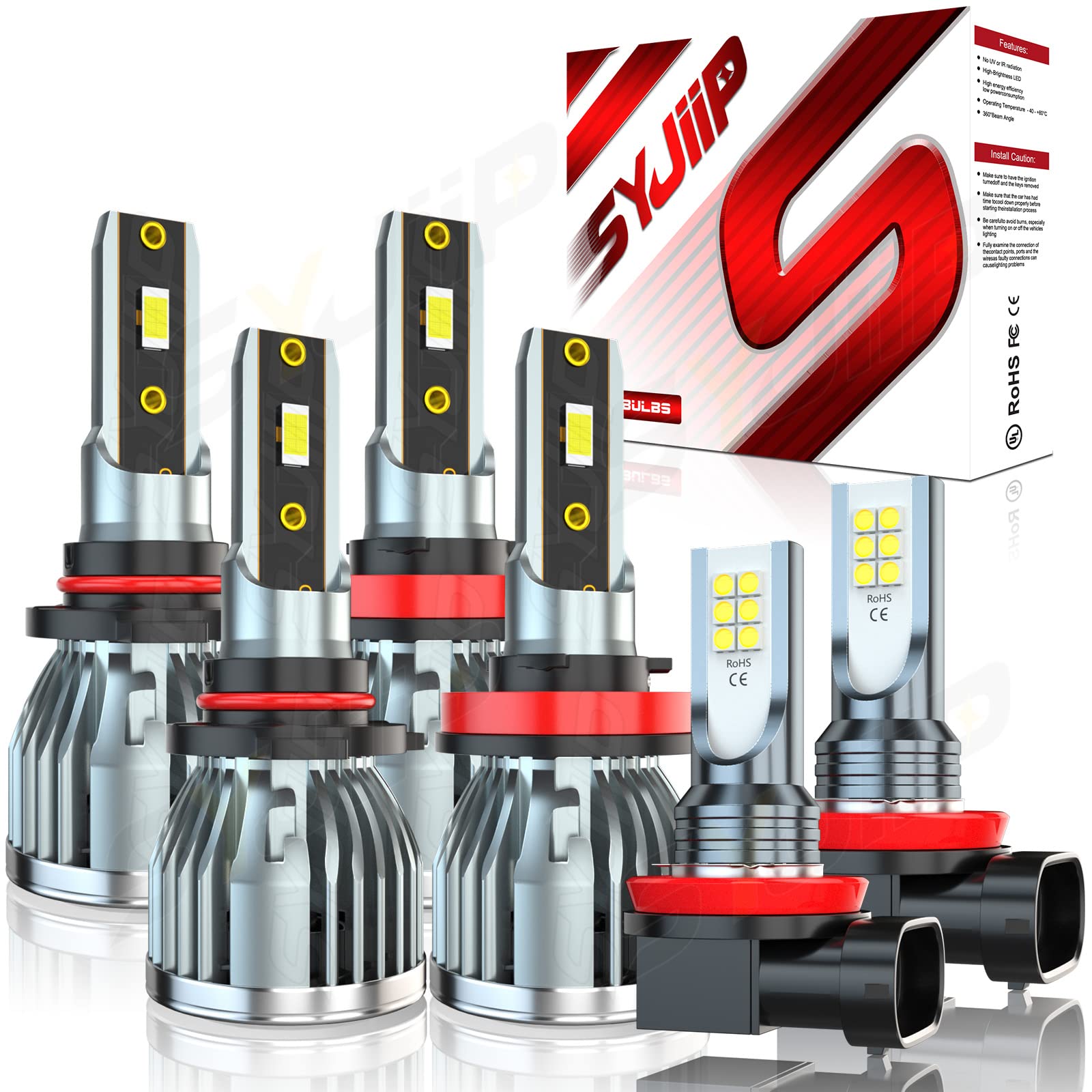 SYJIIP LED Headlight Bulbs for Toyota Camry 2007-2018 - 9005 High Beam & H11 Low Beam & H16 Fog Lights - 60W 6000K Cool White 16000LM - Plug and Play - Pack of 6 - Perfect for Night Driving and Foggy Conditions