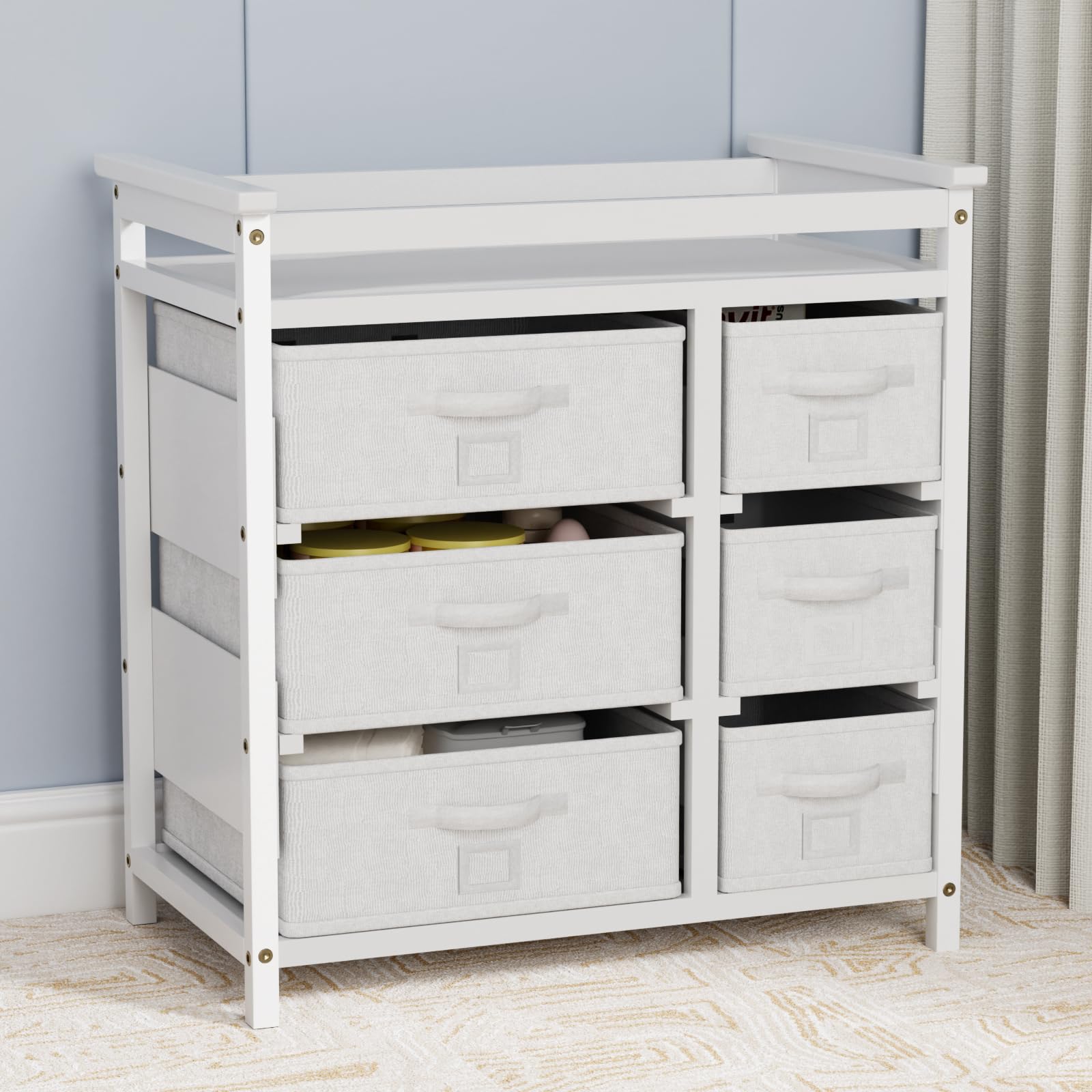 XJD Baby Changing Table with 6 Storage Drawers & Changing Pad - White Nursery Organizer for Diapers, Wipes & Baby Essentials - Perfect for Nursery, Bedroom or Baby Shower Gift