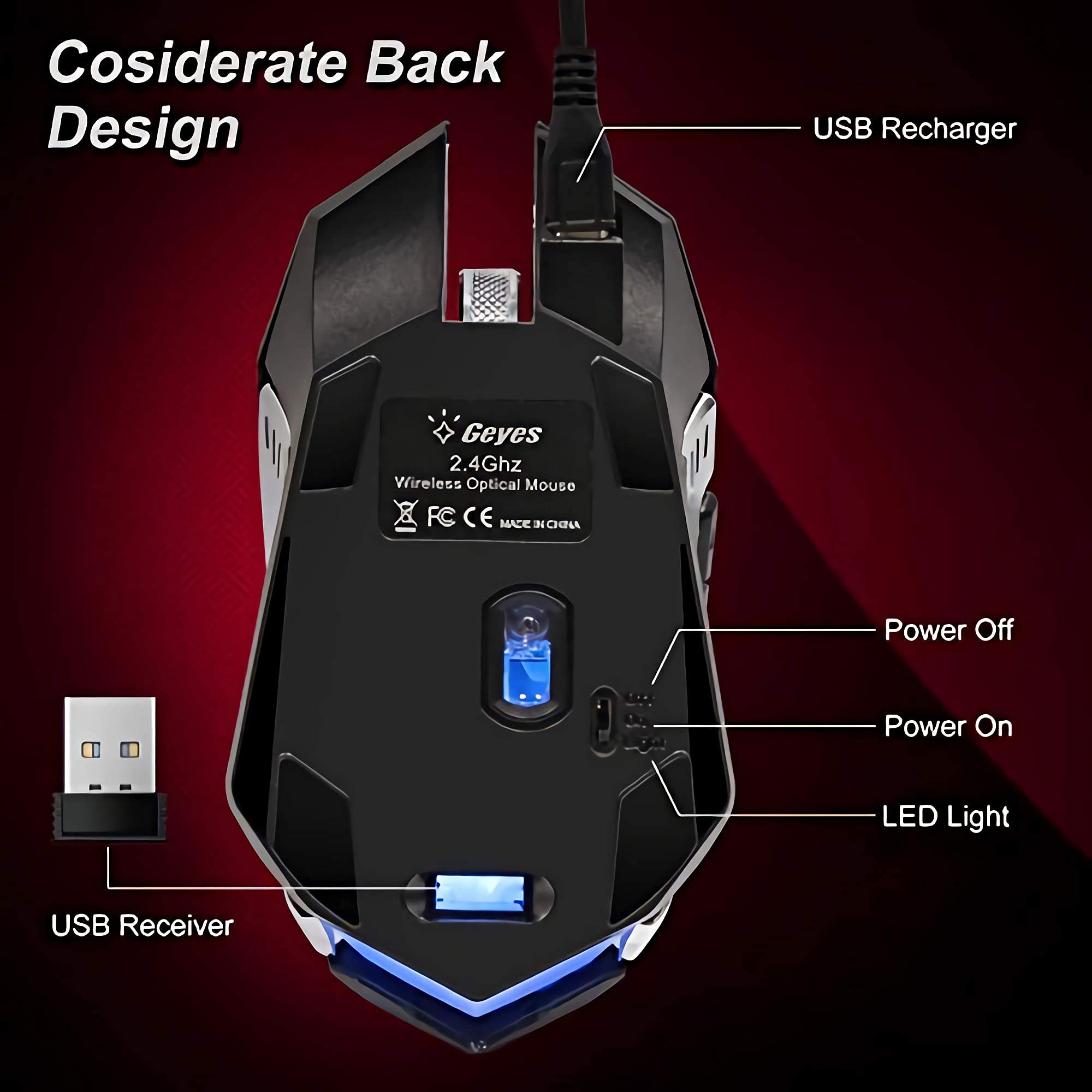 VEGCOO Wireless Gaming Mouse - Silent Rechargeable RGB Mouse with 3 Adjustable DPI & 6 Buttons for PC, Laptop, Mac - Perfect for Gaming, Office Work & Home Use