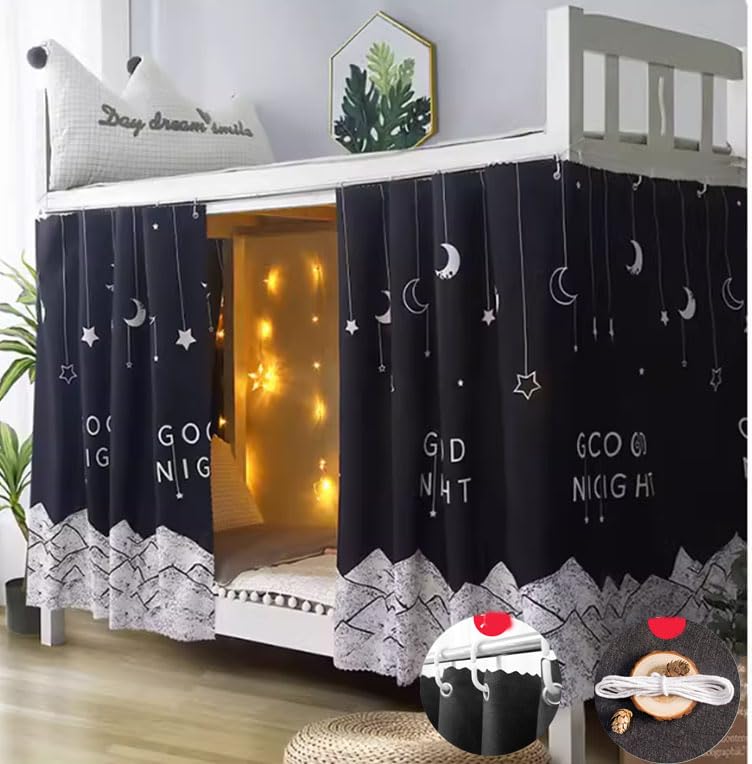 HAOZAIKEJI Blackout Bunk Bed Curtains for Dorm Room - Forest Moon Design, Dustproof & Decorative Canopy for Loft Beds & Bottom Bunk (Perfect for College Students, Privacy & Sleep Comfort in Shared Spaces)