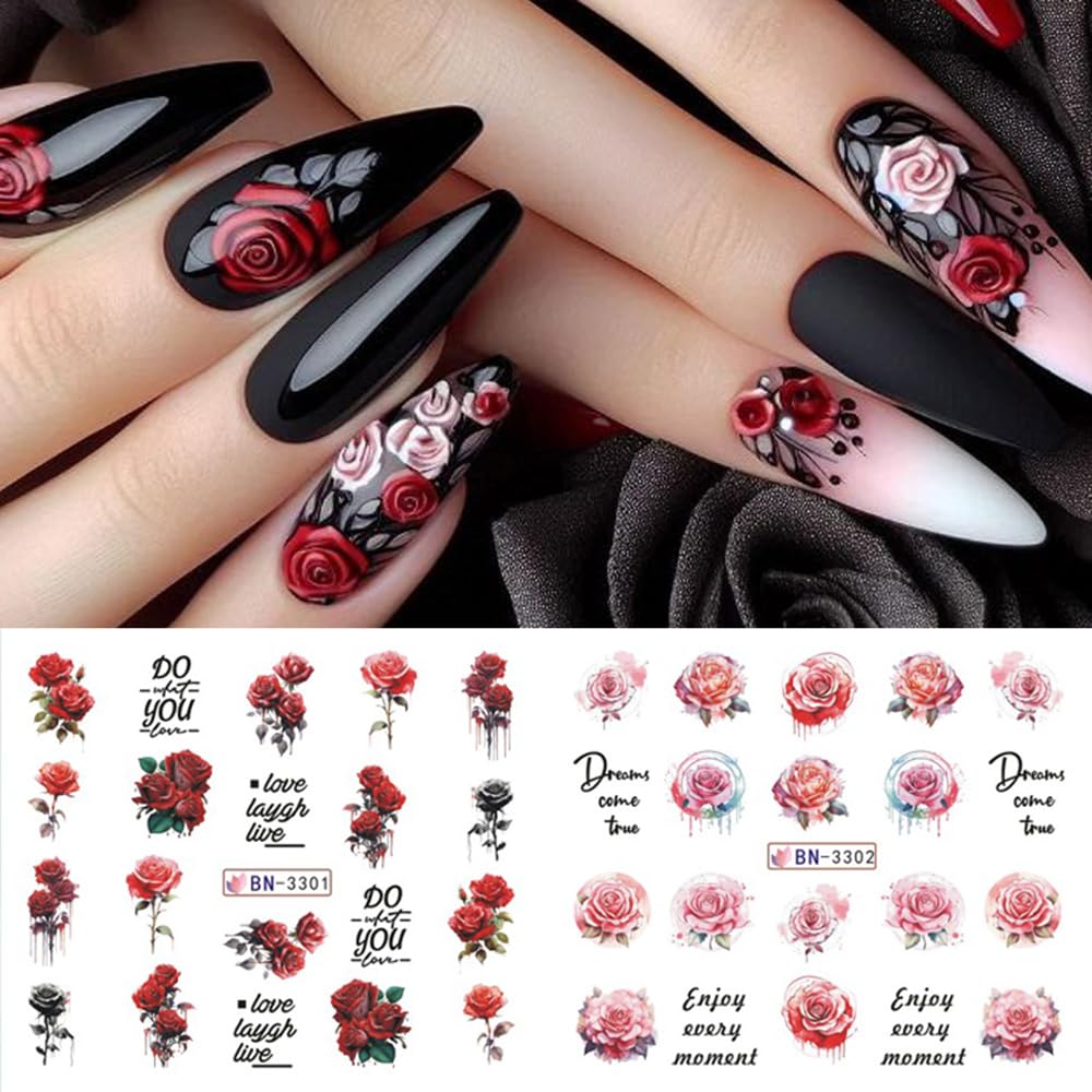 Rose Flower Nail Art Stickers - 12 Sheets Water Transfer Nail Decals for Women | Pink & Black Floral Nail Tattoo Designs | Perfect for Valentine's Day, Bridal, Party & Everyday Nail Art Accessories