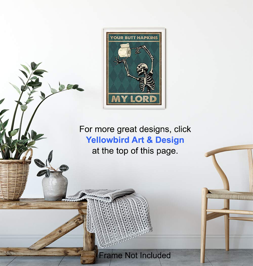 Funny Gothic Skeleton Bathroom Wall Art - 'Your Butt Napkins My Lord' Humorous Toilet Paper Decor - Unique Powder Room Sign & Restroom Wall Decoration - Perfect for Halloween, Gothic Homes & Funny Bathroom Themes
