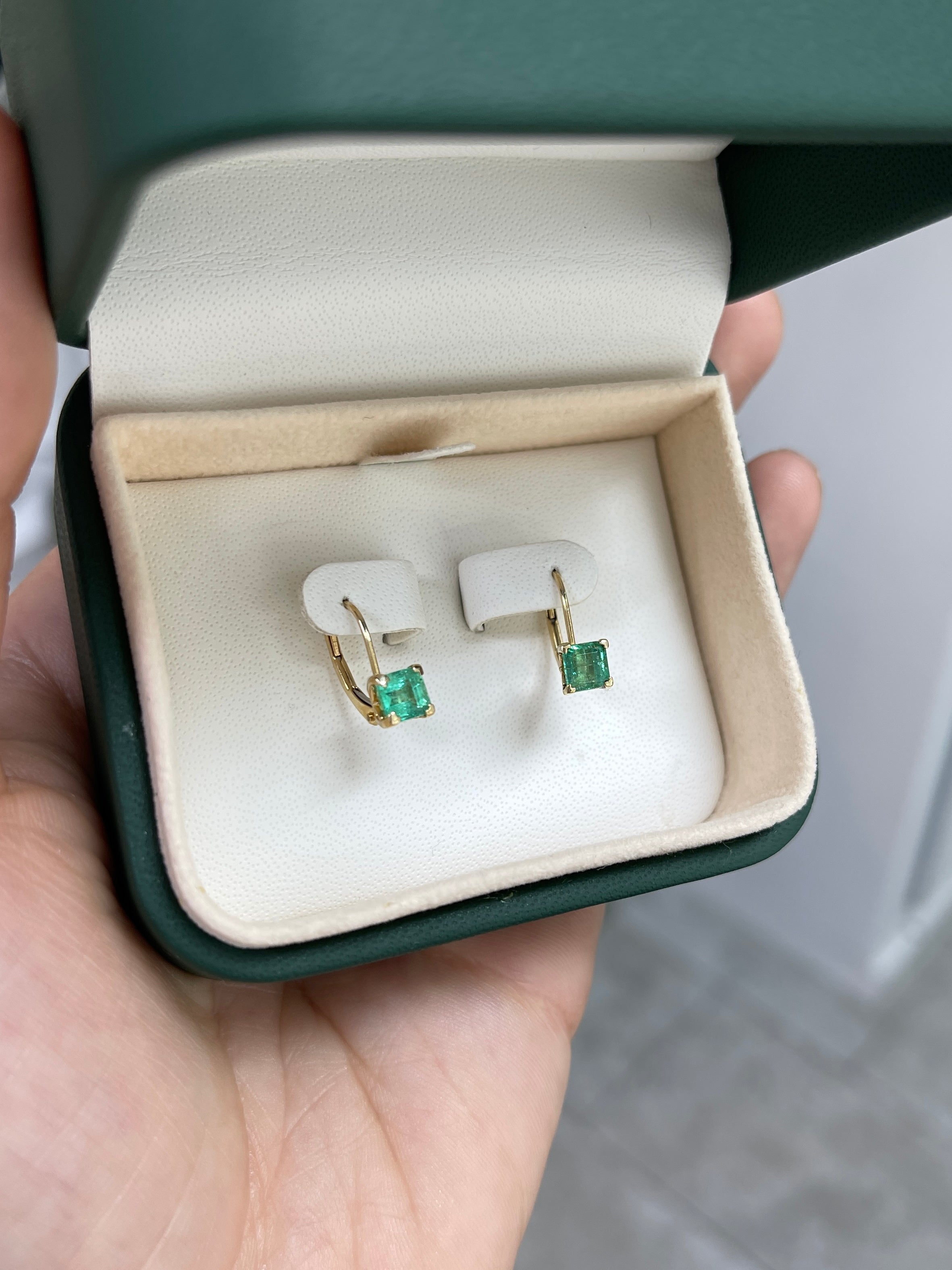1.44tcw Square Emerald Leverback Fleur De Lis Earrings 14K Gold - Elegant Dangle Earrings for Women, Perfect for Weddings, Parties & Special Occasions