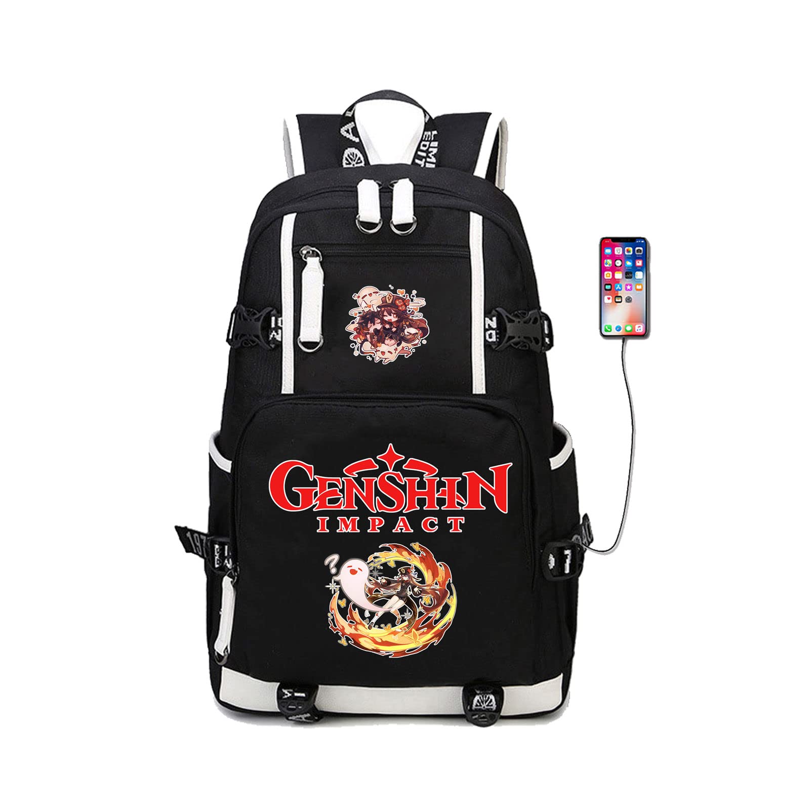 Genshin Impact Hu Tao Cosplay Backpack - 15.6 Inch Laptop Backpack with USB Charging Port, Waterproof Travel Backpack for School, Business & Outdoor Use - Perfect for Anime Conventions, Gaming Events & Daily Commute