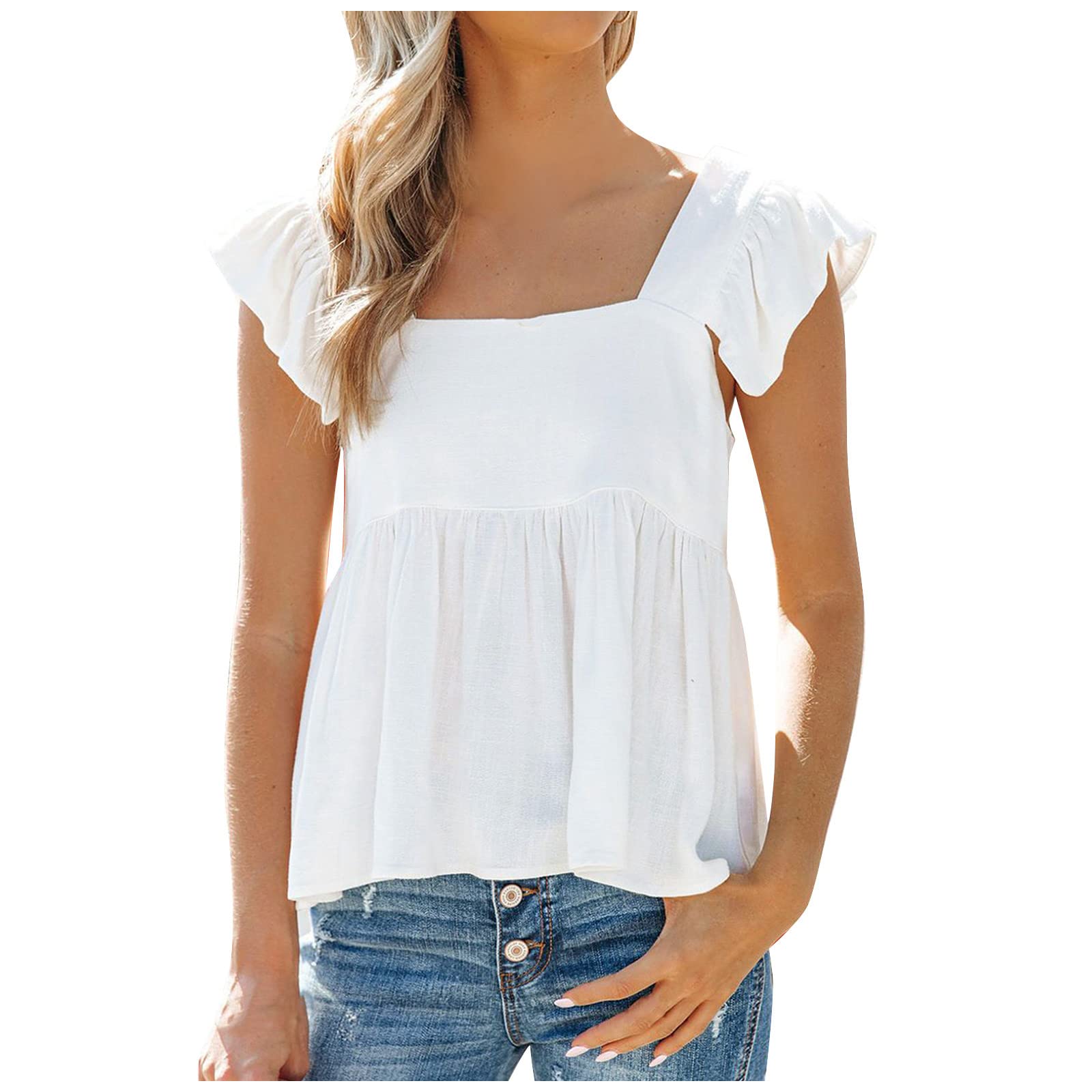 Women's Square Neck Babydoll Top with Cape Sleeves & Ruffle Details - Cute Summer Blouse with Stringy Selvedge Straps | Perfect for Beach Outings, Date Nights & Casual Wear