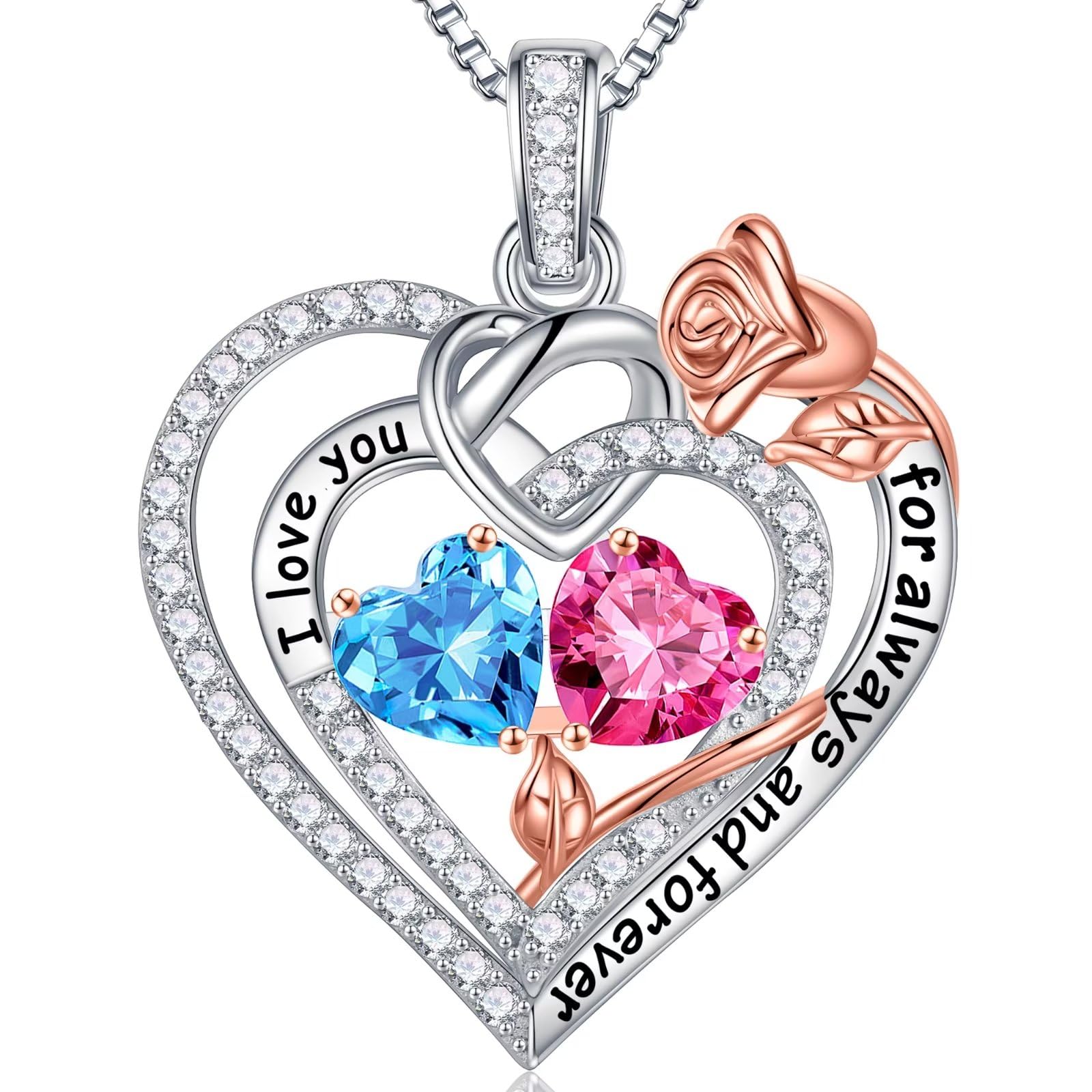 Iefil Rose Heart Birthstone Necklace for Women - 925 Sterling Silver Jewelry, Mothers Day Birthday Anniversary Christmas Gifts for Her (Mom, Wife, Daughter, Girlfriend) - Perfect for Special Occasions & Everyday Elegance